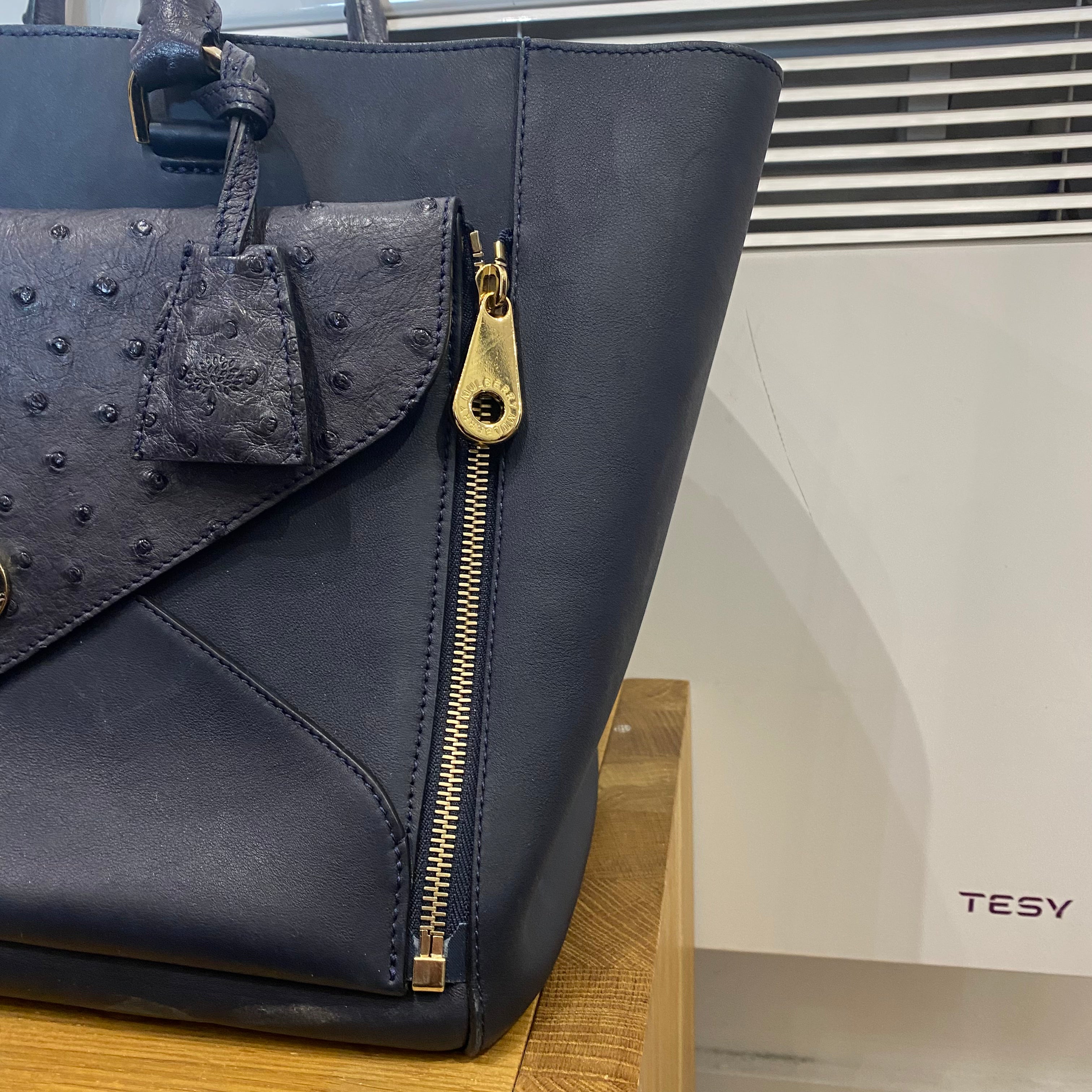 Mulberry Navy Large Calf & Ostrich Willow Tote Bag