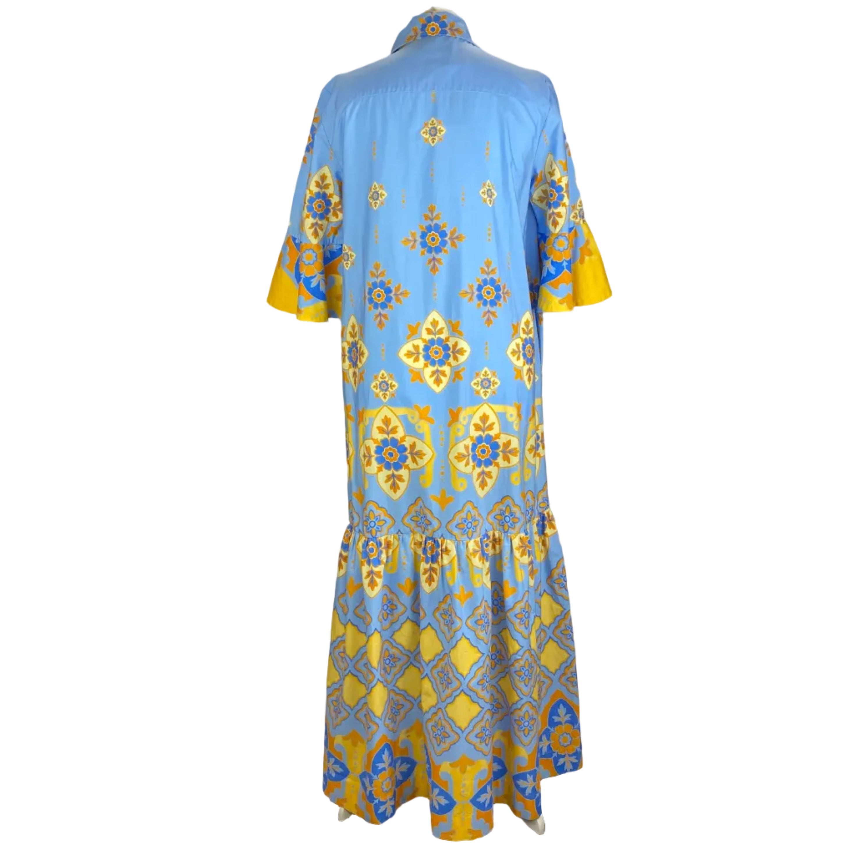 La Double J £870 Blue & Yellow Artemis Cotton Poplin Maxi Dress S