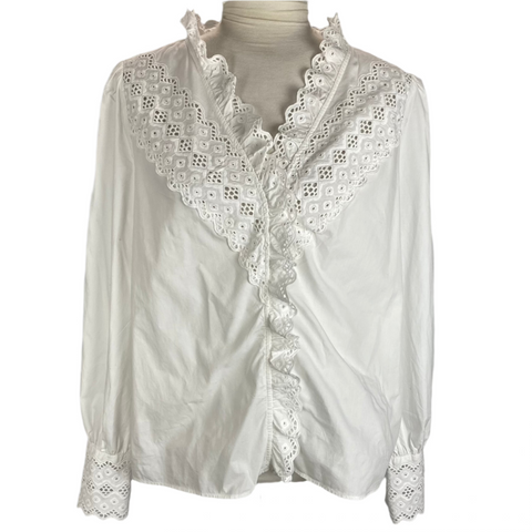 Sezane New White Broderie Anglais Trim Blouse L
