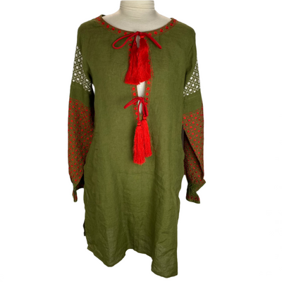 Daft £245 Olive Embroidered Linen Faye Dunaway Kaftan M