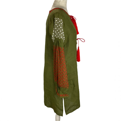 Daft £245 Olive Embroidered Linen Faye Dunaway Kaftan M