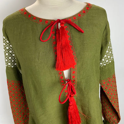 Daft £245 Olive Embroidered Linen Faye Dunaway Kaftan M