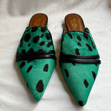 Malone Souliers Brand New Calfhair Green Dalmatian Print Loafer Slides 37.5