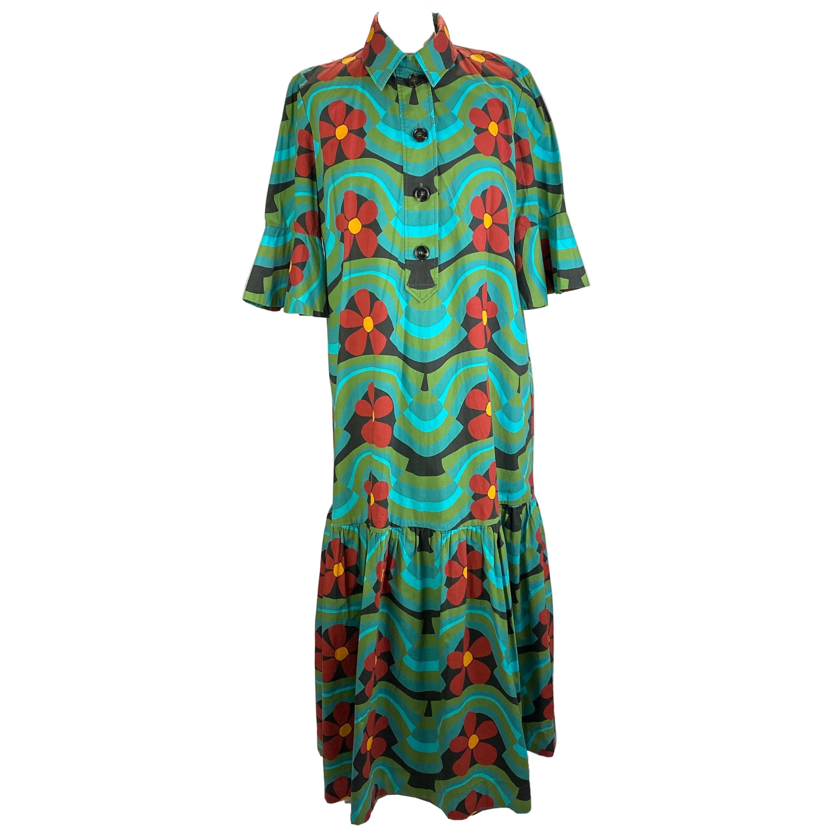 La Double J £870 Teal Print Artemis Cotton Poplin Maxi Dress M