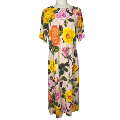 Dolce & Gabbana Pink Rose Print Silk Crepe Dress L