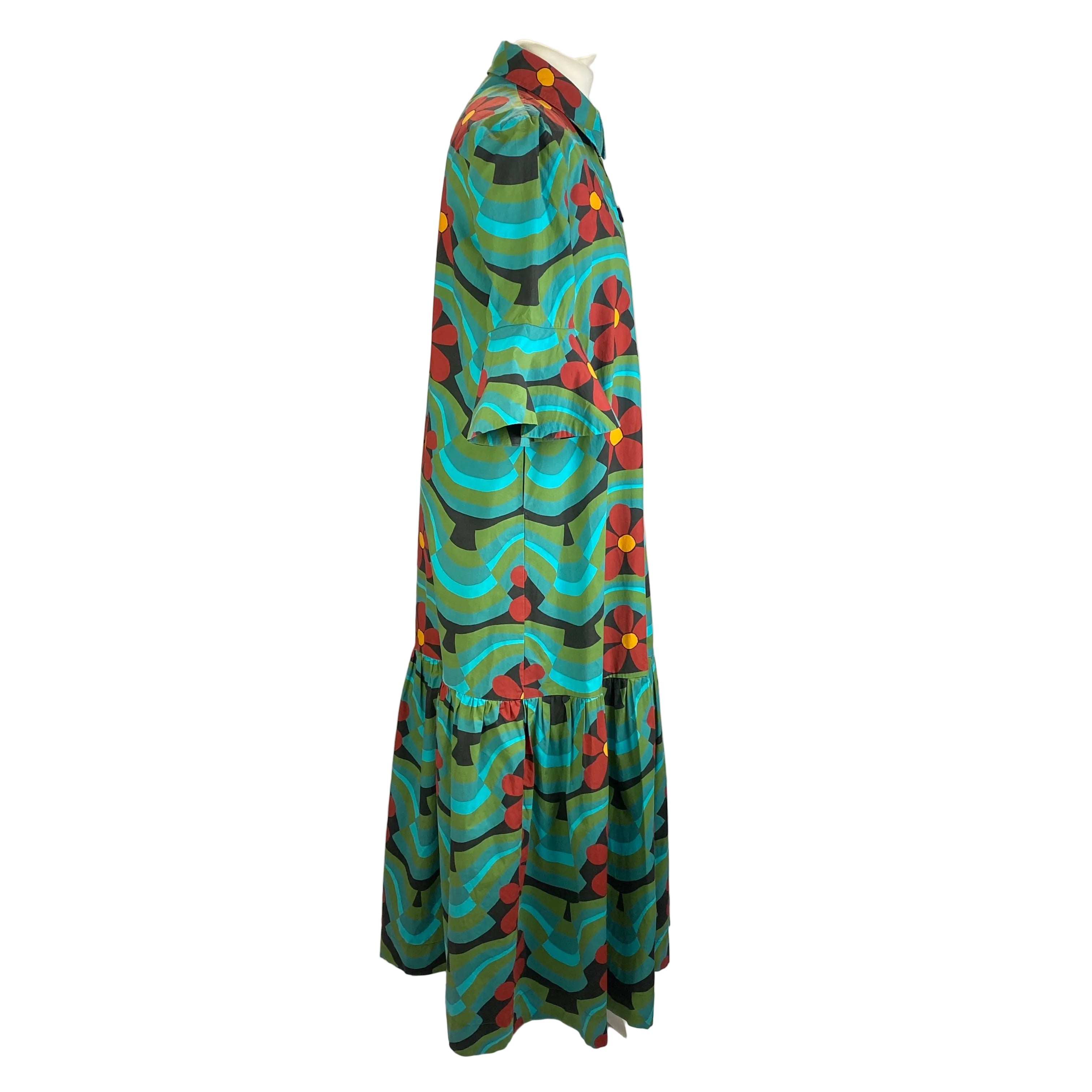 La Double J £870 Teal Print Artemis Cotton Poplin Maxi Dress M
