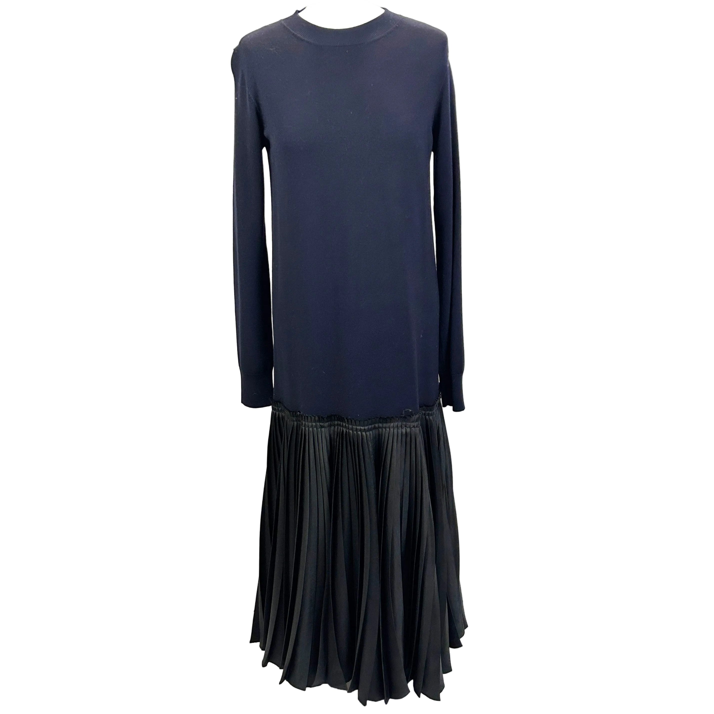 Jil Sander Navy Wool Knit & Satin Plisse Maxi Dress XXS