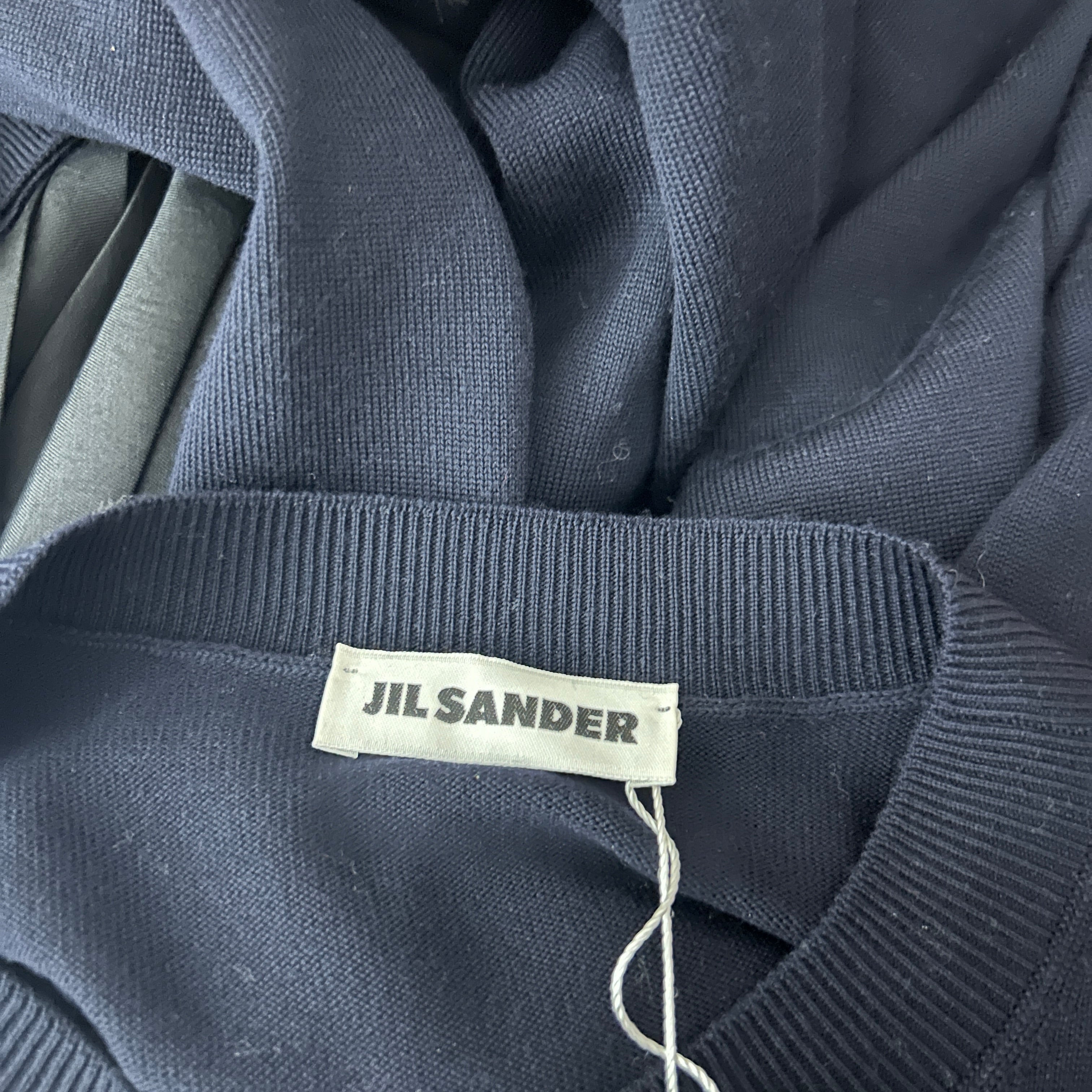 Jil Sander Navy Wool Knit & Satin Plisse Maxi Dress XXS