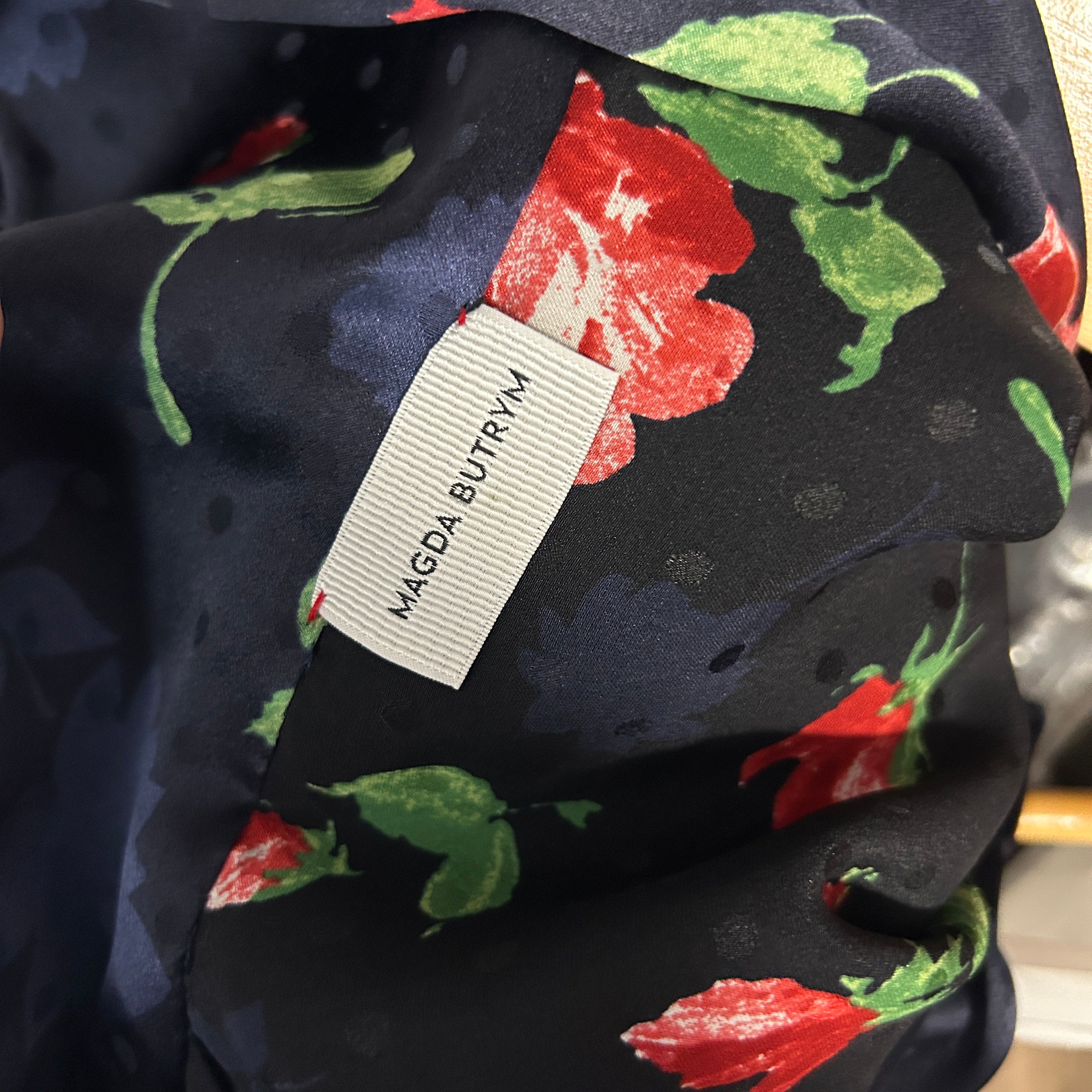 Magda Butrym £1200 Navy Rosę Print Silk Swing Dress XXS