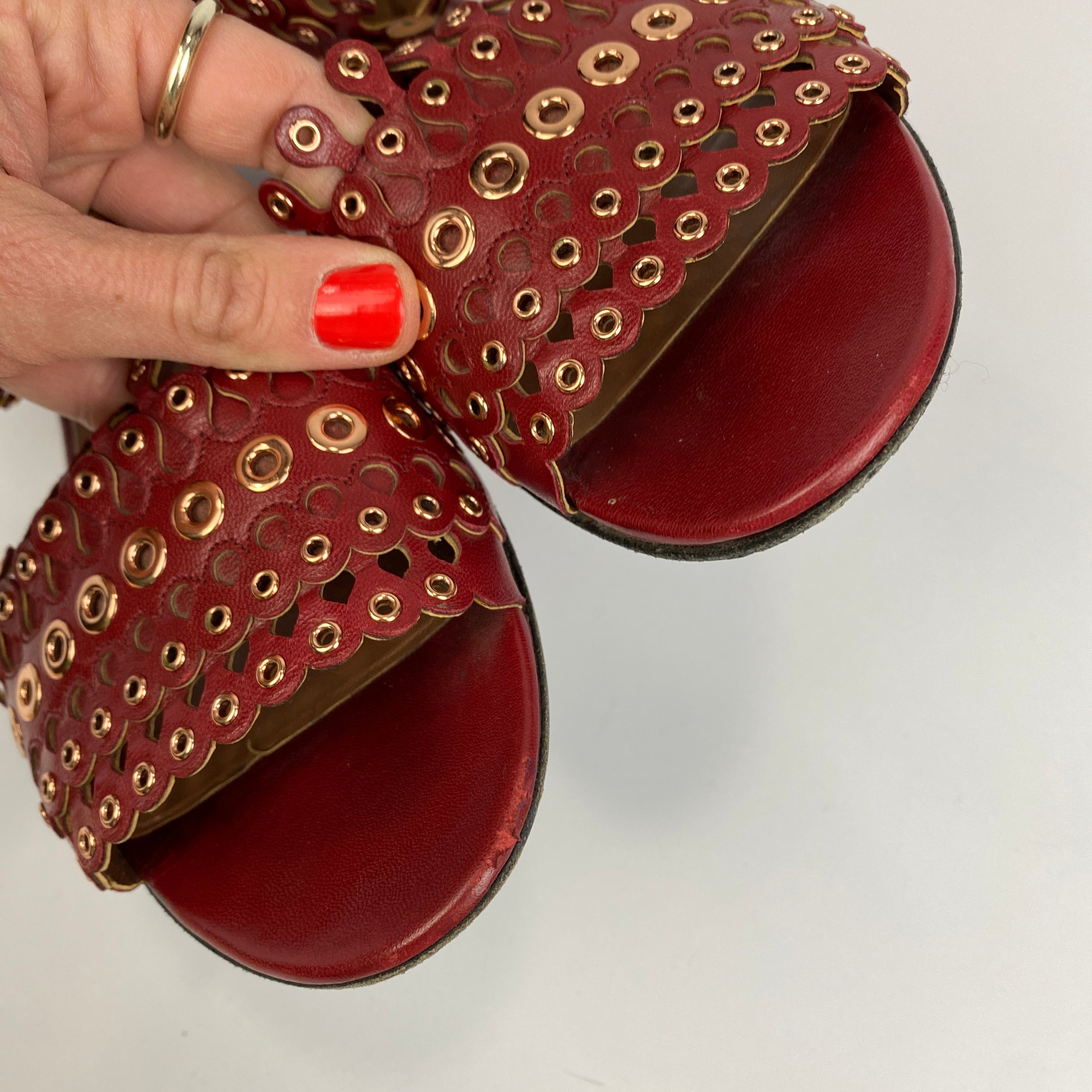 Alaia Red & Rose Gold Lasercut Gladiator Sandals 38.5