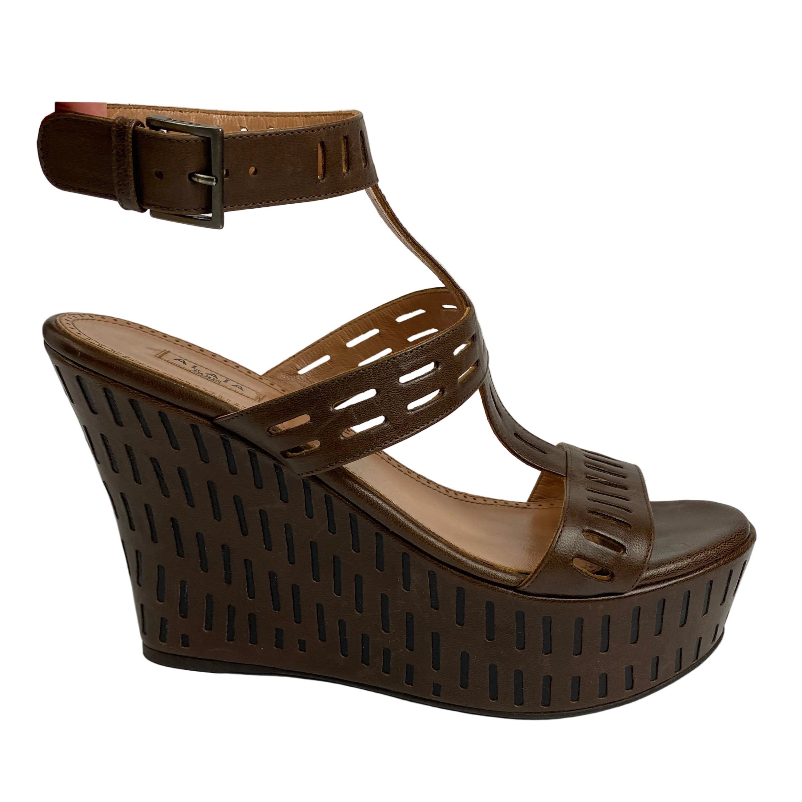 Alaia Chestnut Lasercut Leather Platform Wedge Sandals 38