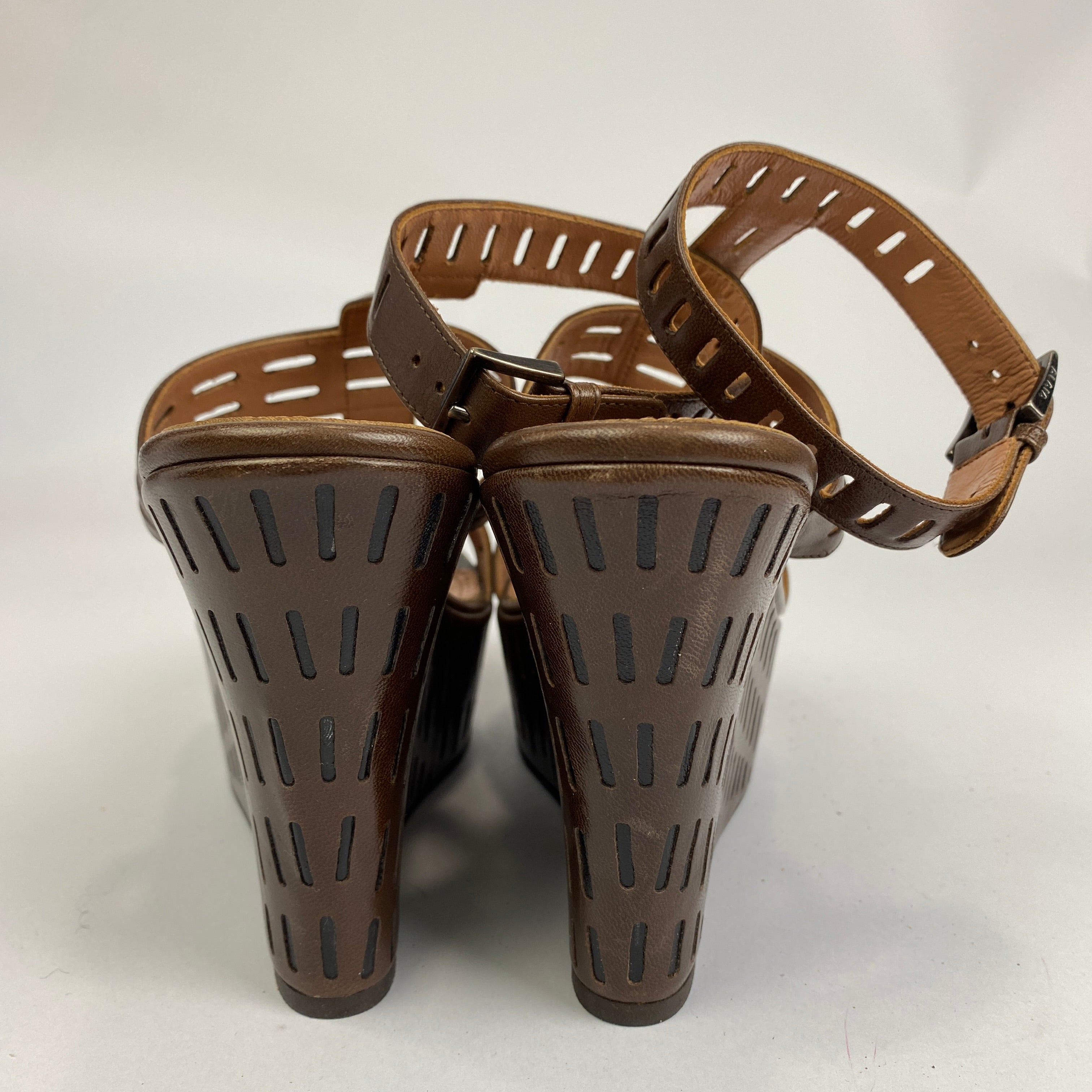Alaia Chestnut Lasercut Leather Platform Wedge Sandals 38