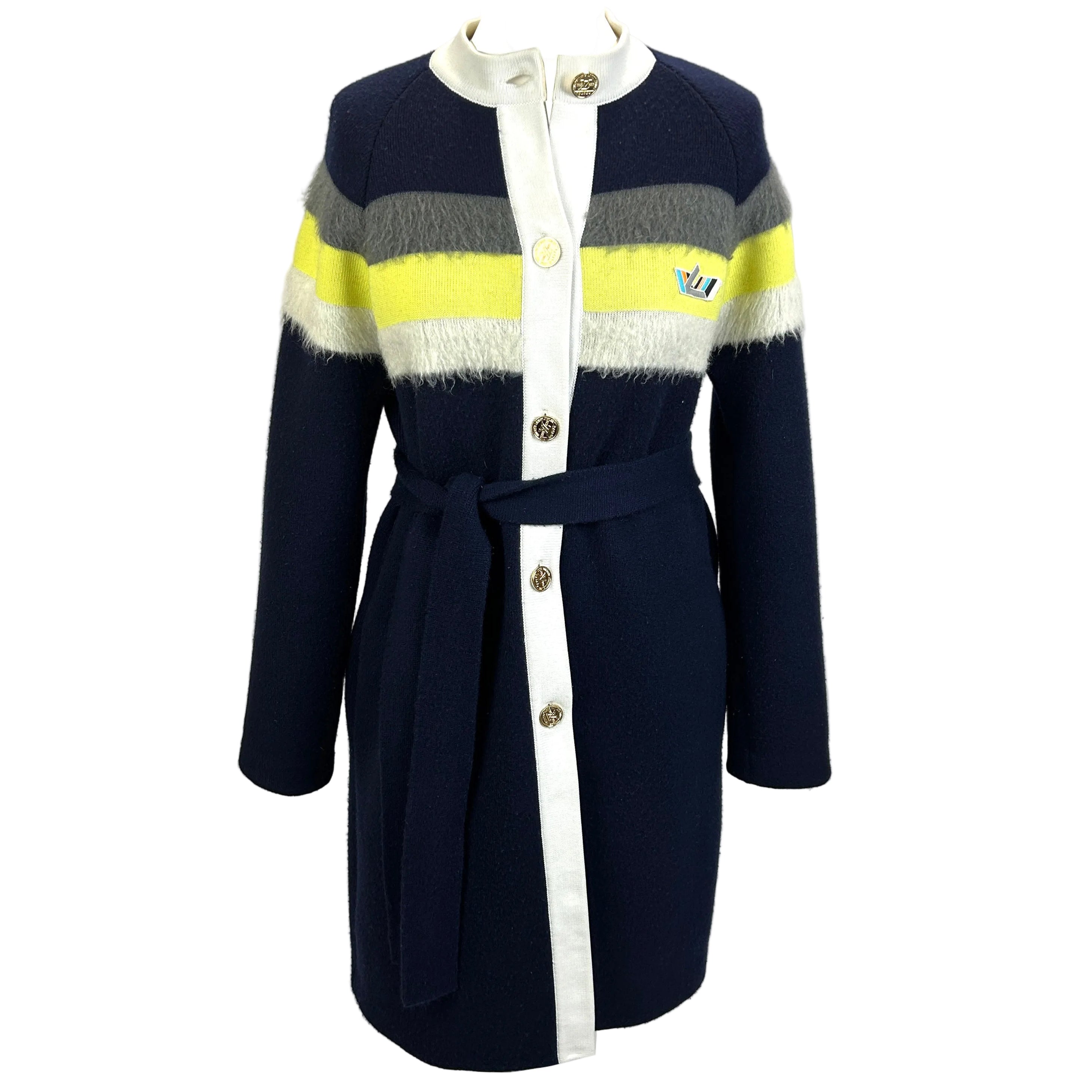 Louis Vuitton Navy Grey & Yellow Thick Knit Cashmere Mix Coat S