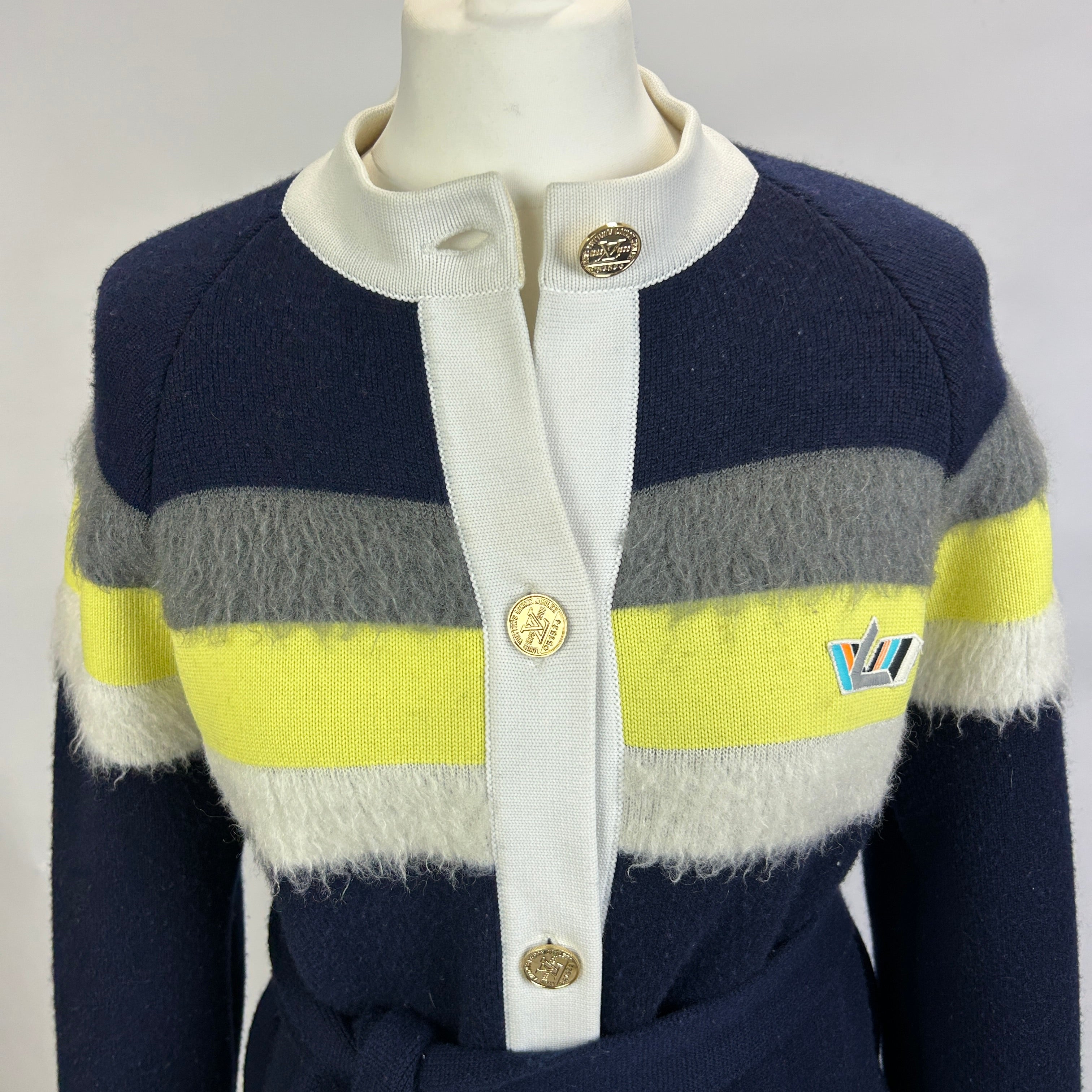 Louis Vuitton Navy Grey & Yellow Thick Knit Cashmere Mix Coat S