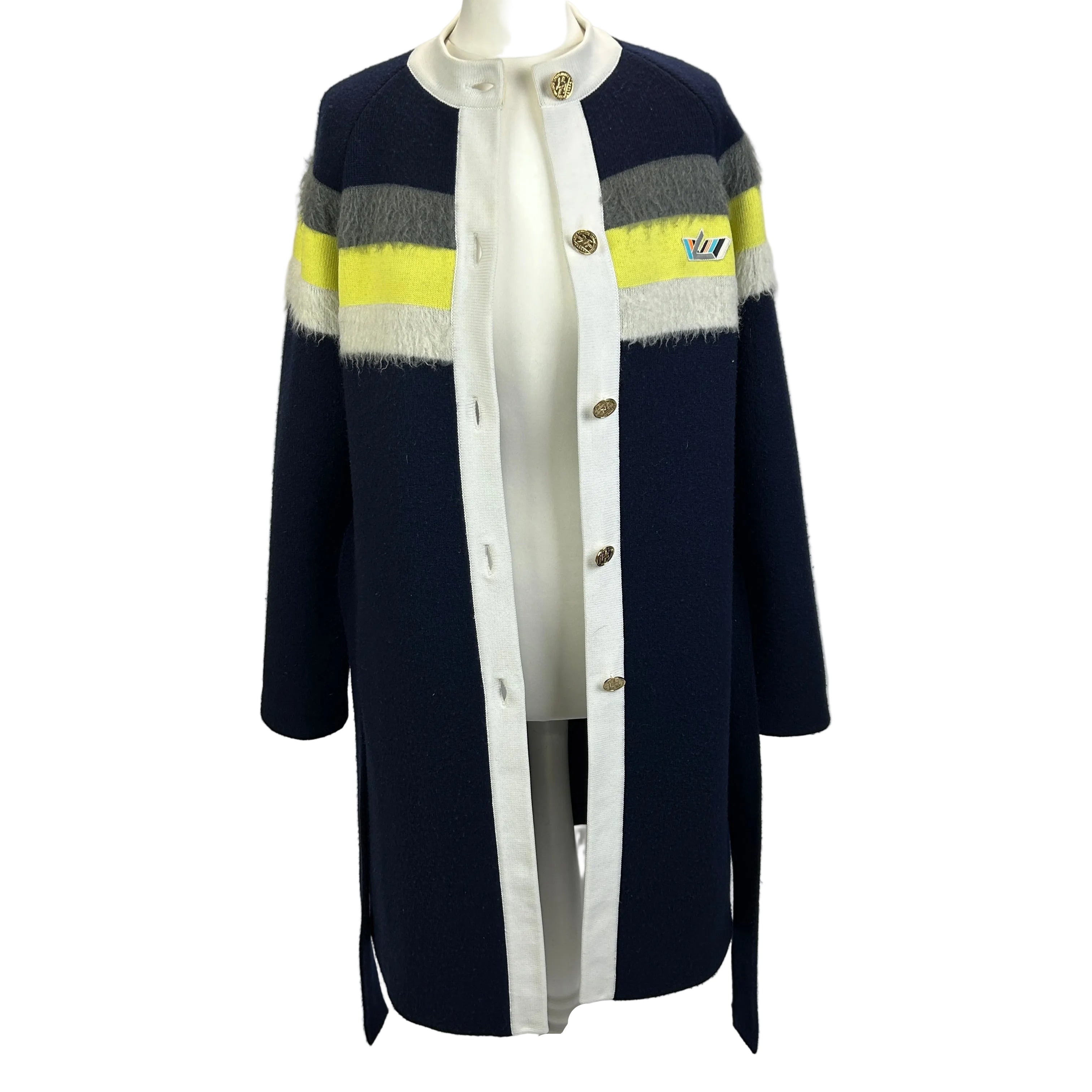 Louis Vuitton Navy Grey & Yellow Thick Knit Cashmere Mix Coat S