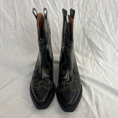Ganni £ 445 Black & Yellow Low Shaft Embroidered Western Boots 39