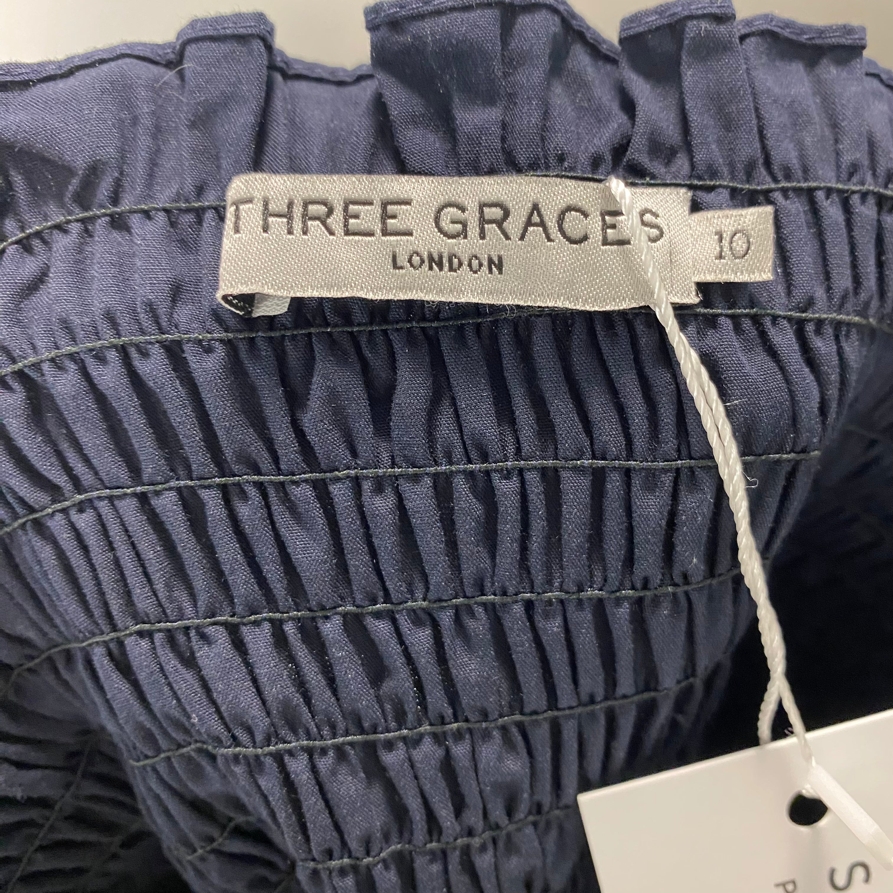 Three Graces London £560 Navy Lena Shirred Cotton Dress S