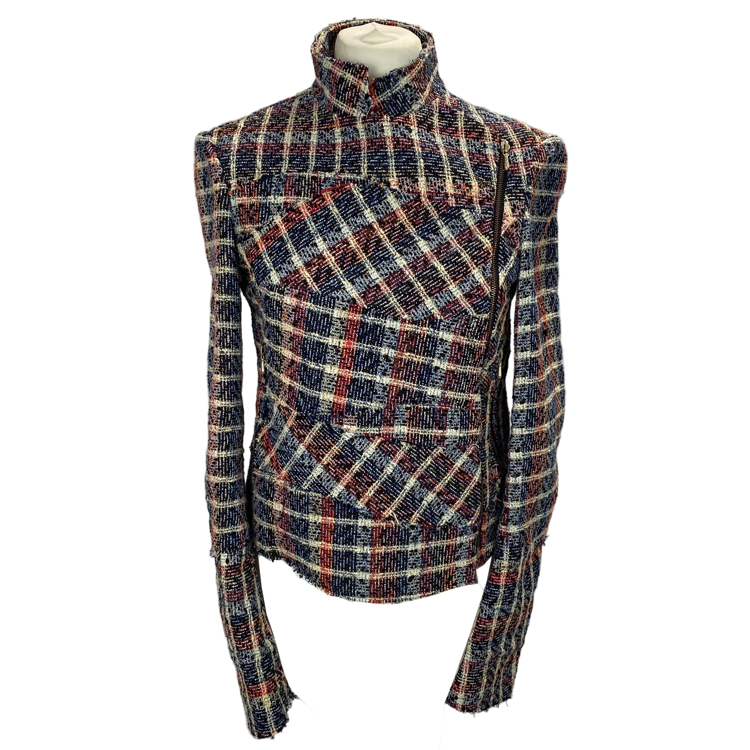 Victoria Beckham Blue & Red Boucle Check Biker Jacket M