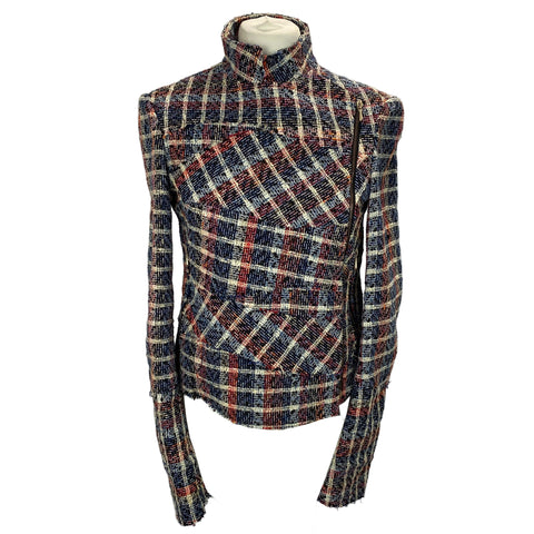 Victoria Beckham Blue & Red Boucle Check Biker Jacket M