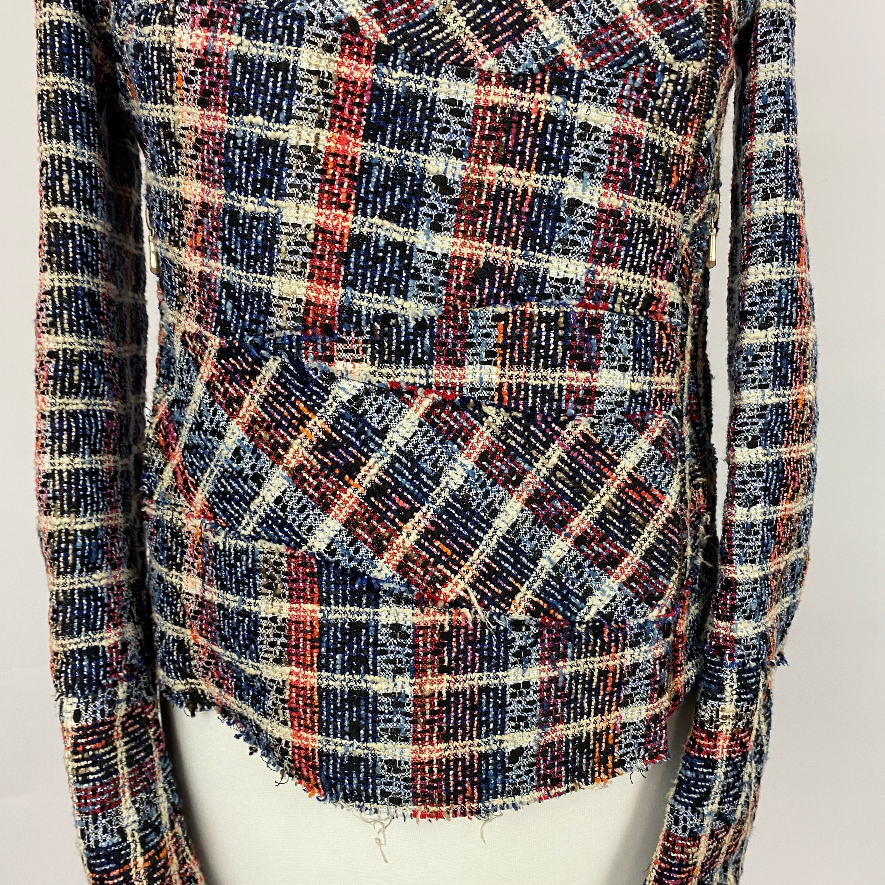 Victoria Beckham Blue & Red Boucle Check Biker Jacket M