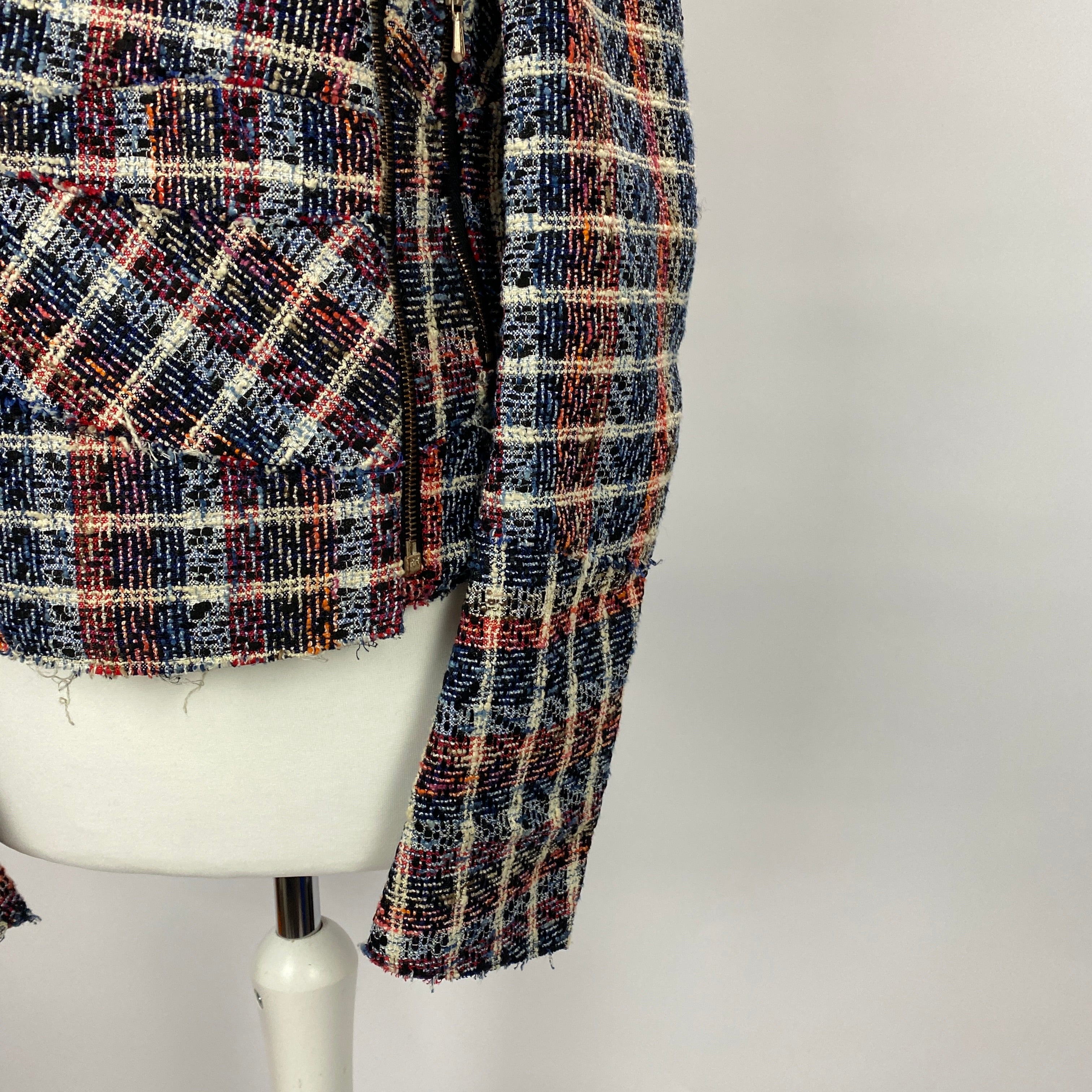 Victoria Beckham Blue & Red Boucle Check Biker Jacket M