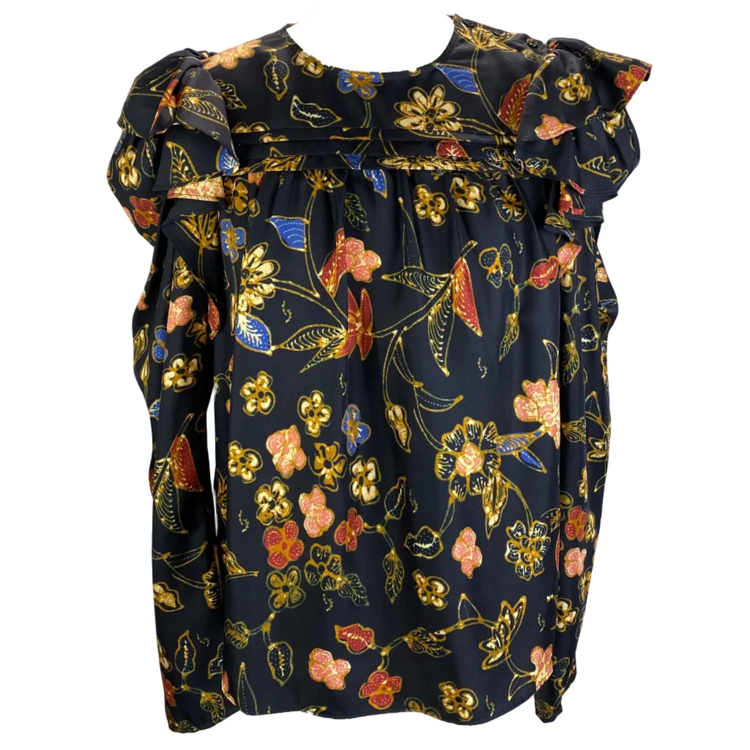 Ulla Johnson Navy Floral Silk Ruffle Sleeve Blouse M