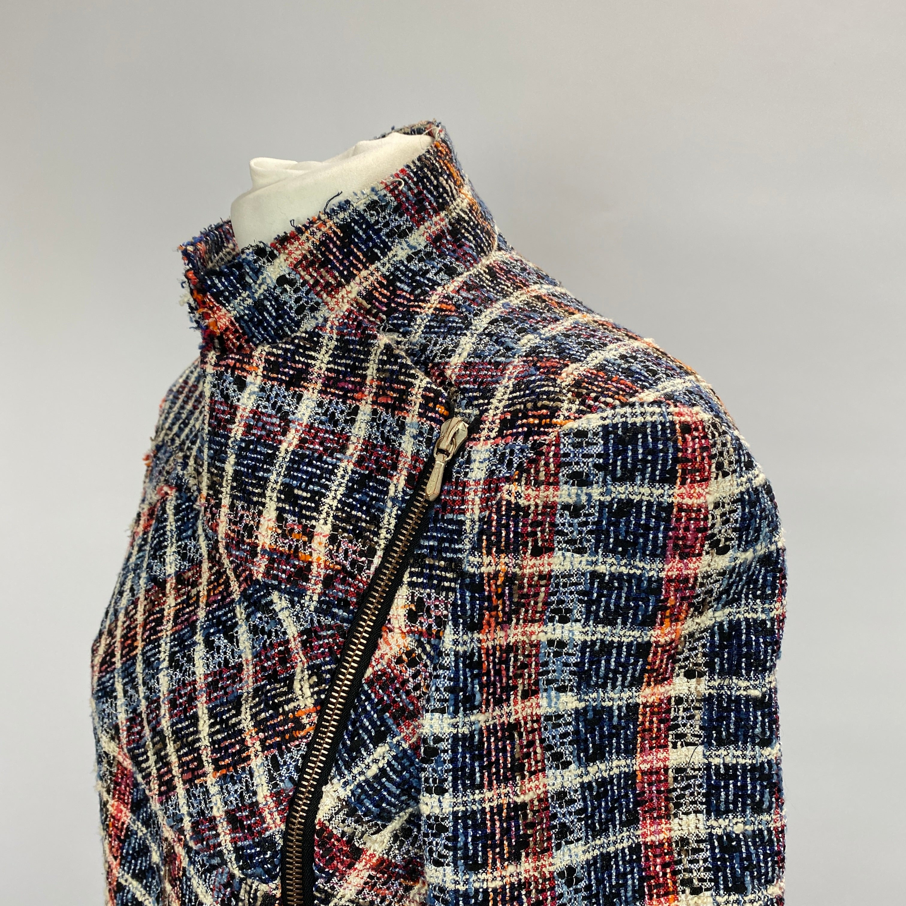 Victoria Beckham Blue & Red Boucle Check Biker Jacket M