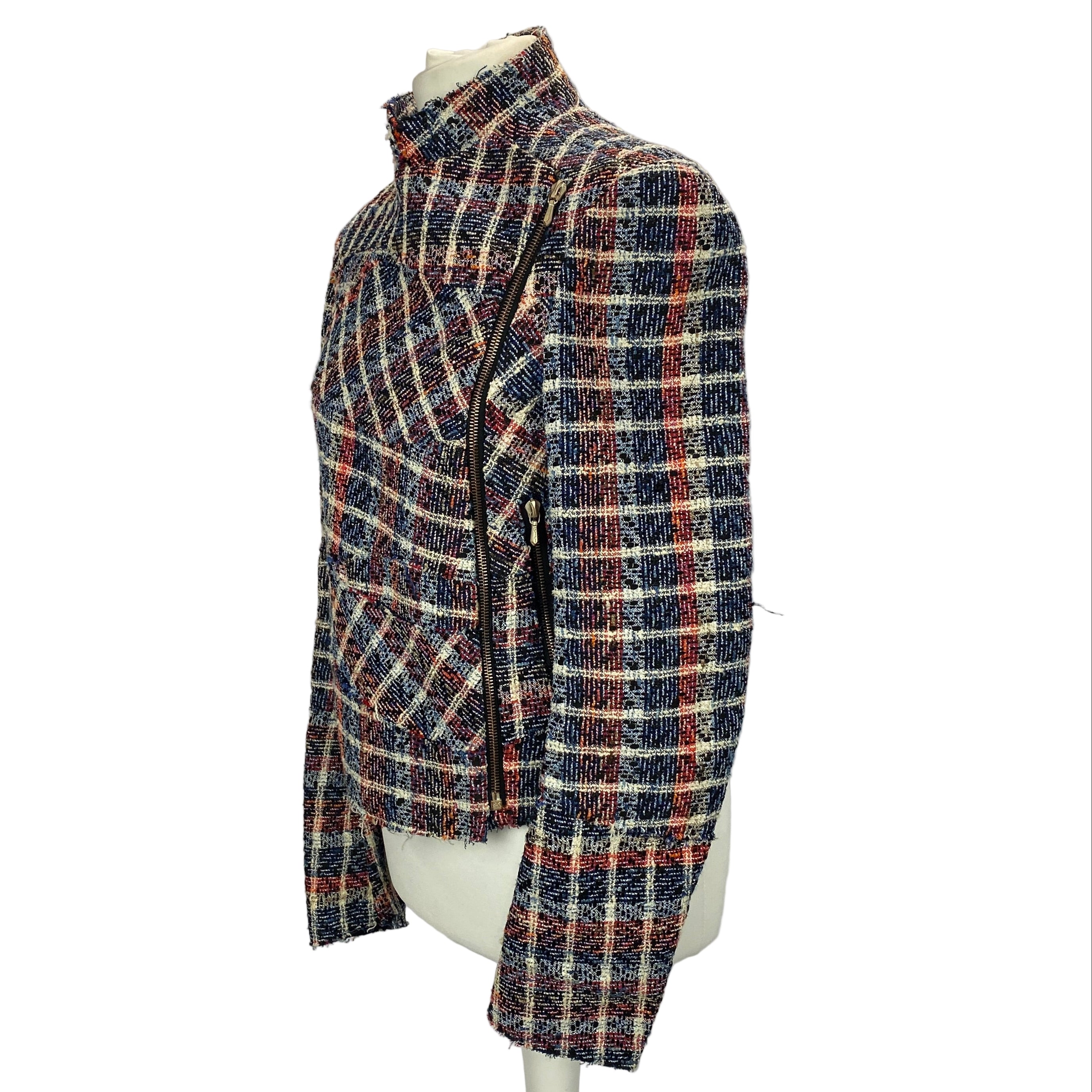 Victoria Beckham Blue & Red Boucle Check Biker Jacket M