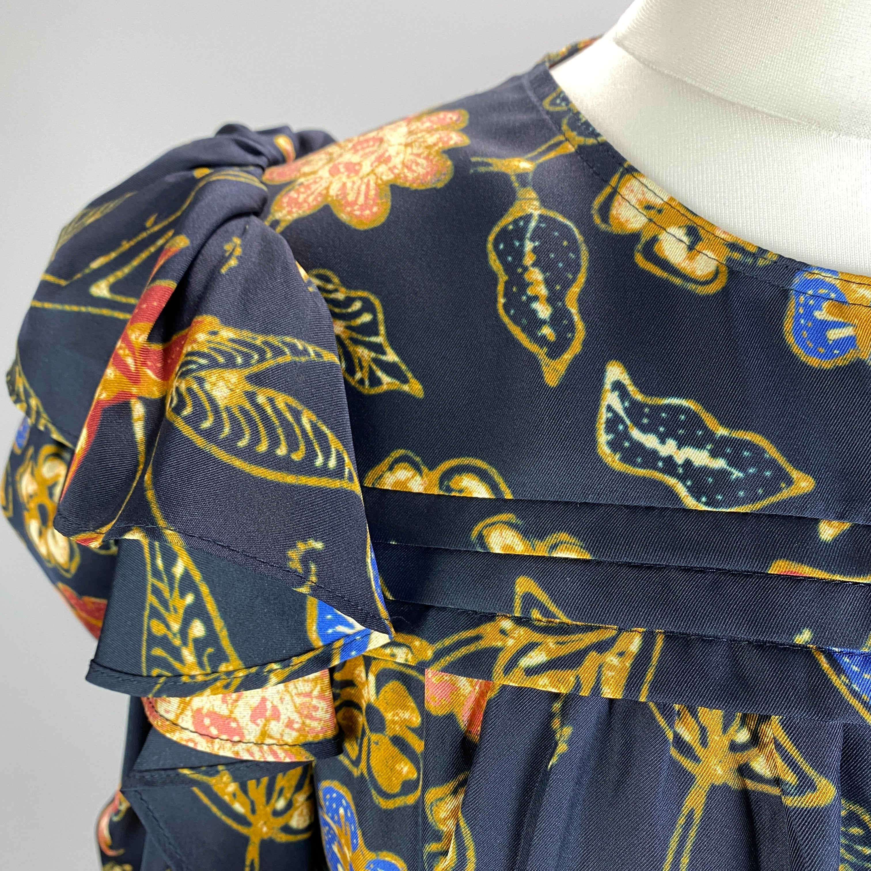 Ulla Johnson Navy Floral Silk Ruffle Sleeve Blouse M