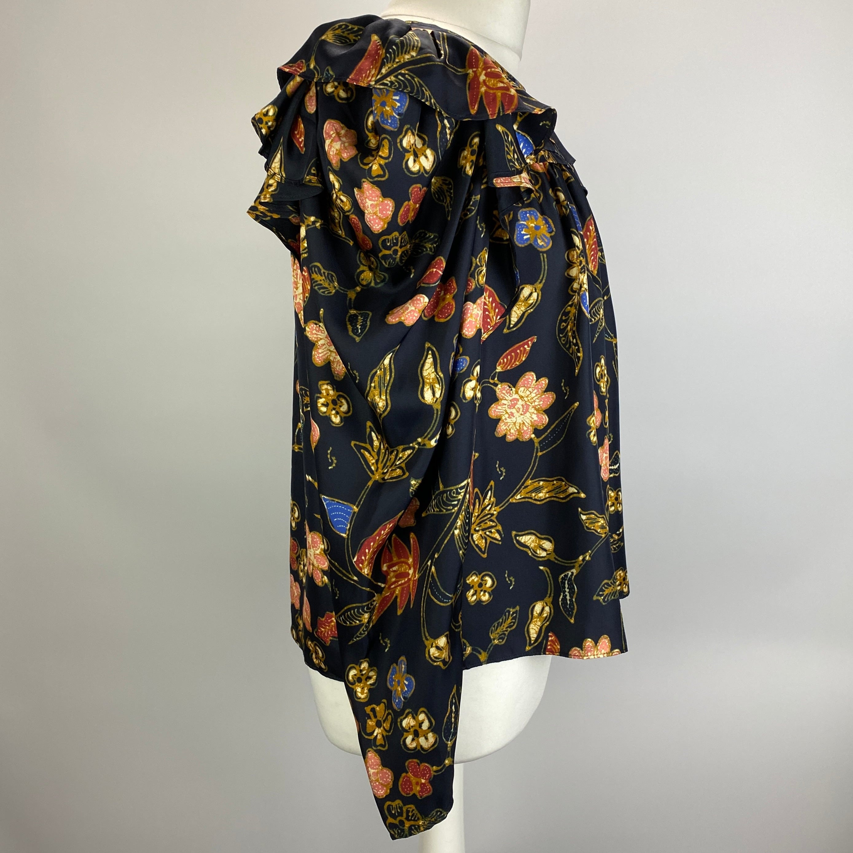 Ulla Johnson Navy Floral Silk Ruffle Sleeve Blouse M