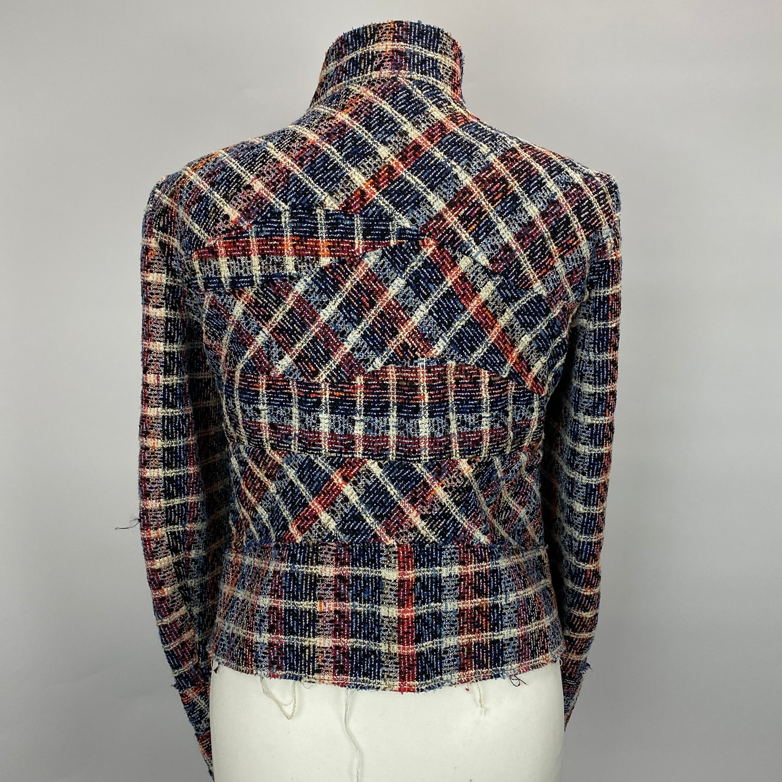 Victoria Beckham Blue & Red Boucle Check Biker Jacket M
