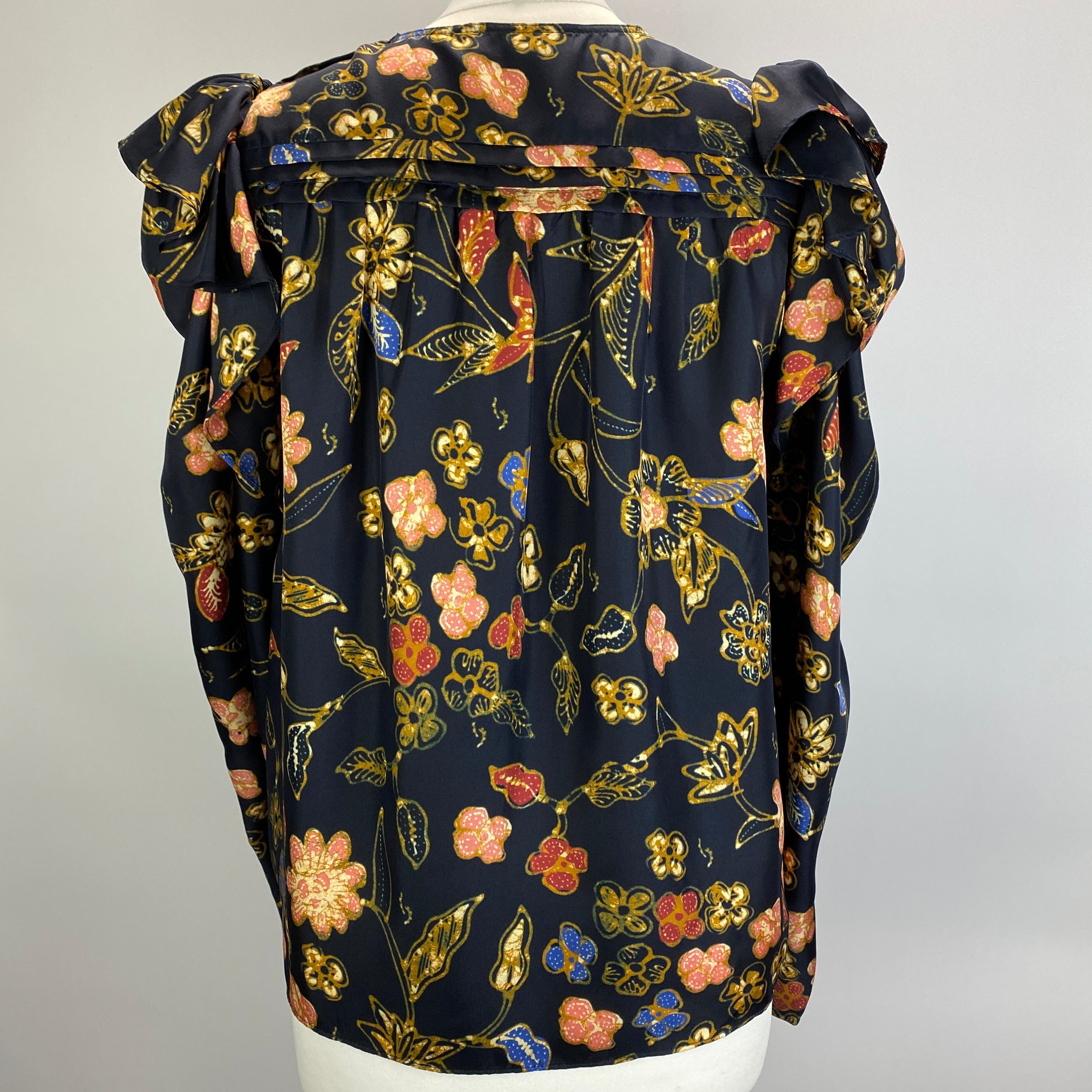 Ulla Johnson Navy Floral Silk Ruffle Sleeve Blouse M
