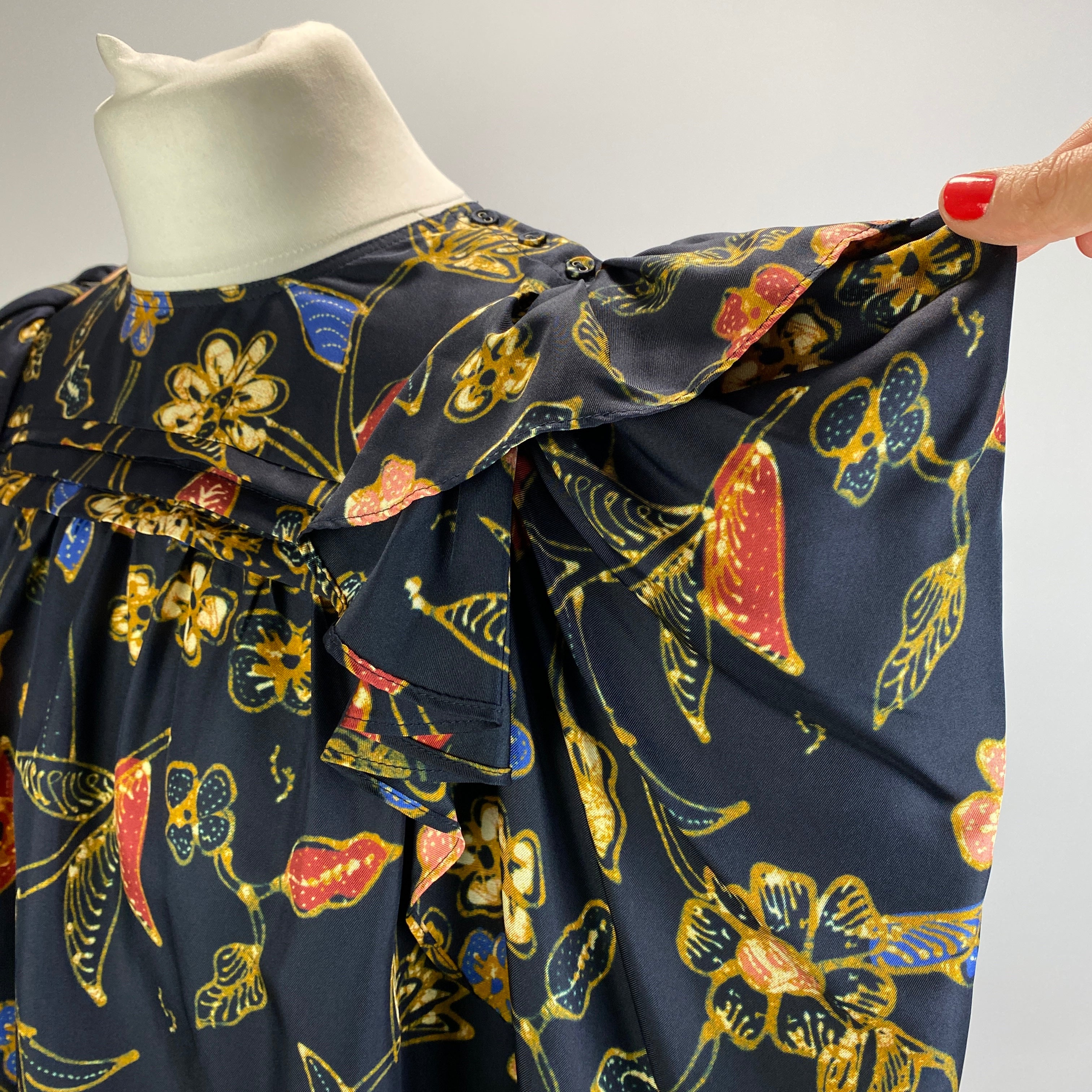 Ulla Johnson Navy Floral Silk Ruffle Sleeve Blouse M