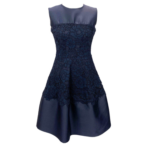 Carolina Herrera Navy Silk Faille & Lace Midi Dress S/M