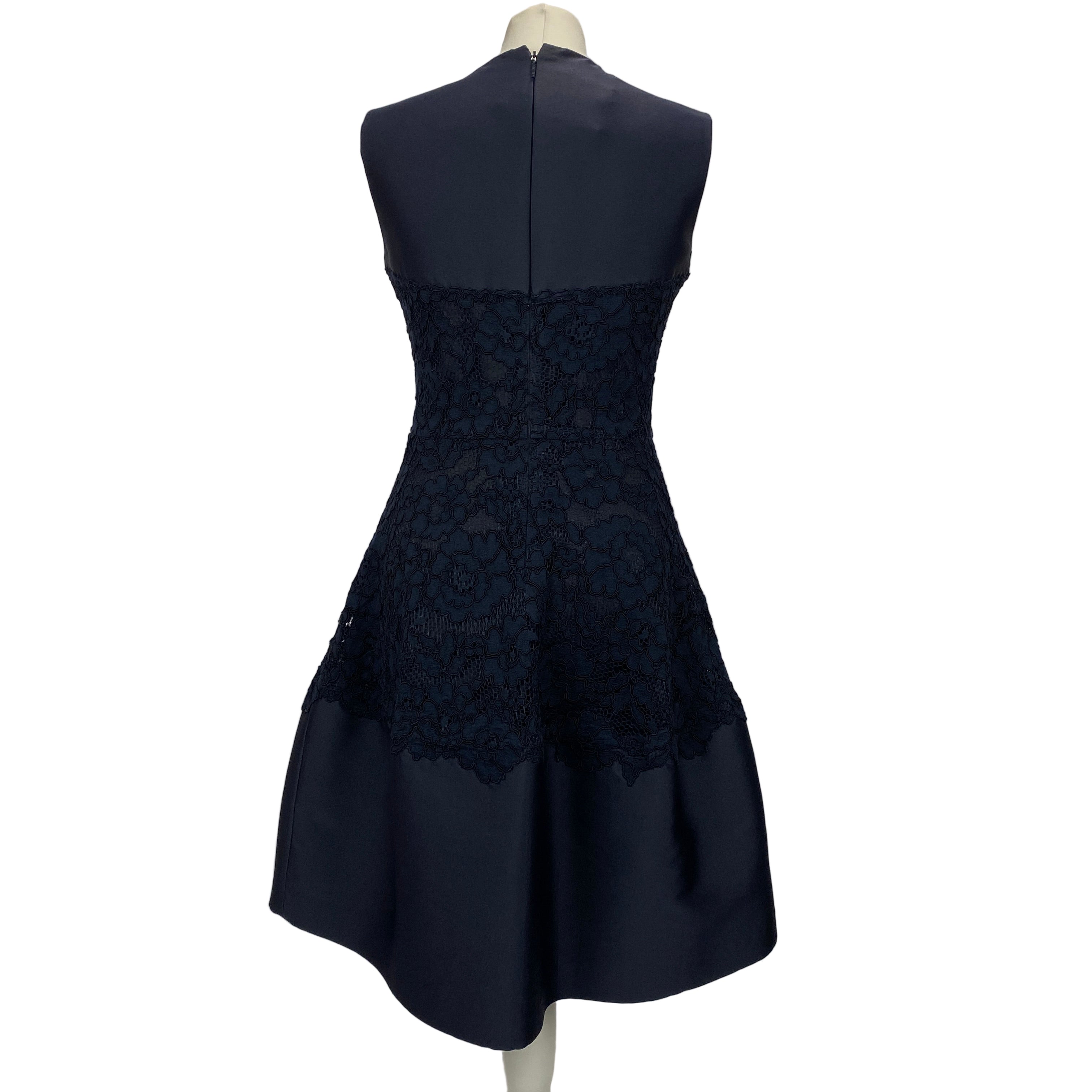 Carolina Herrera Navy Silk Faille & Lace Midi Dress S/M