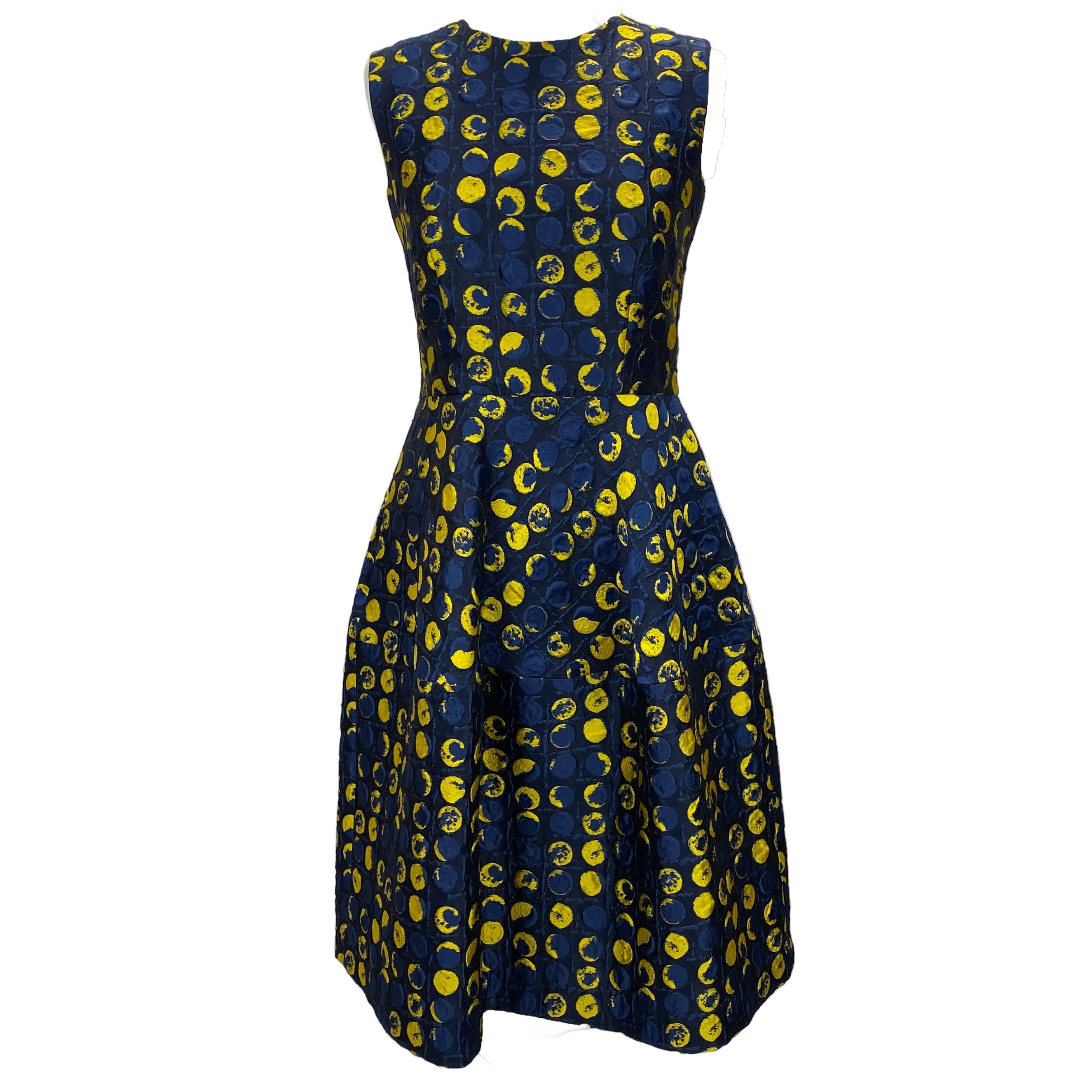 Carolina Herrera Navy & Yellow Silk Faille Midi Dress XS/S