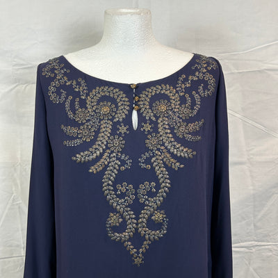 Hermes Navy Embellished Silk Chiffon Tunic Top M