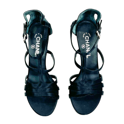 Chanel Brand New Black Silk Strappy T-Bar Sandals 39.5