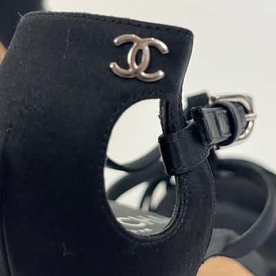 Chanel Brand New Black Silk Strappy T-Bar Sandals 39.5