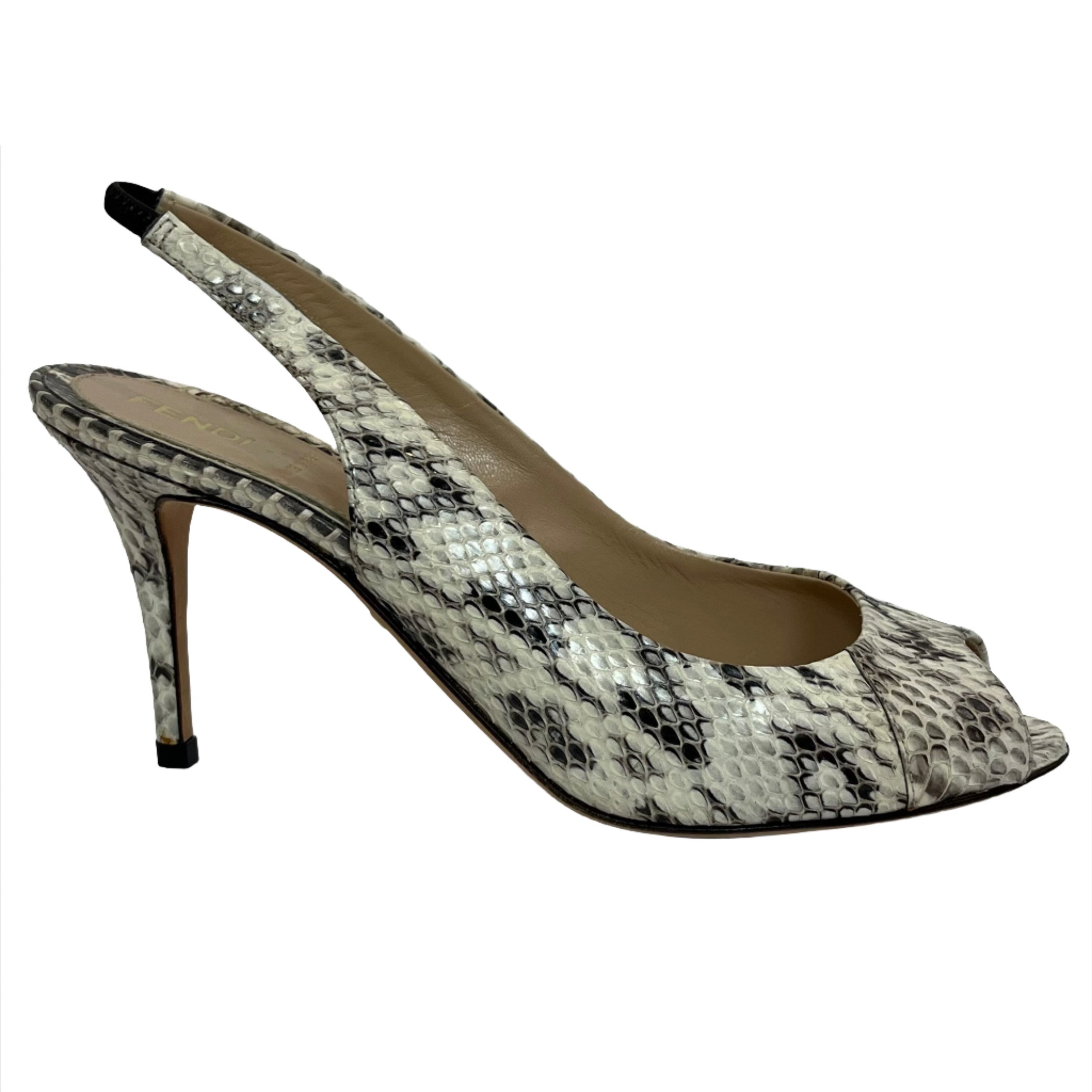 Fendi Cream Snakeskin Peeptoe Slingback Heels 38