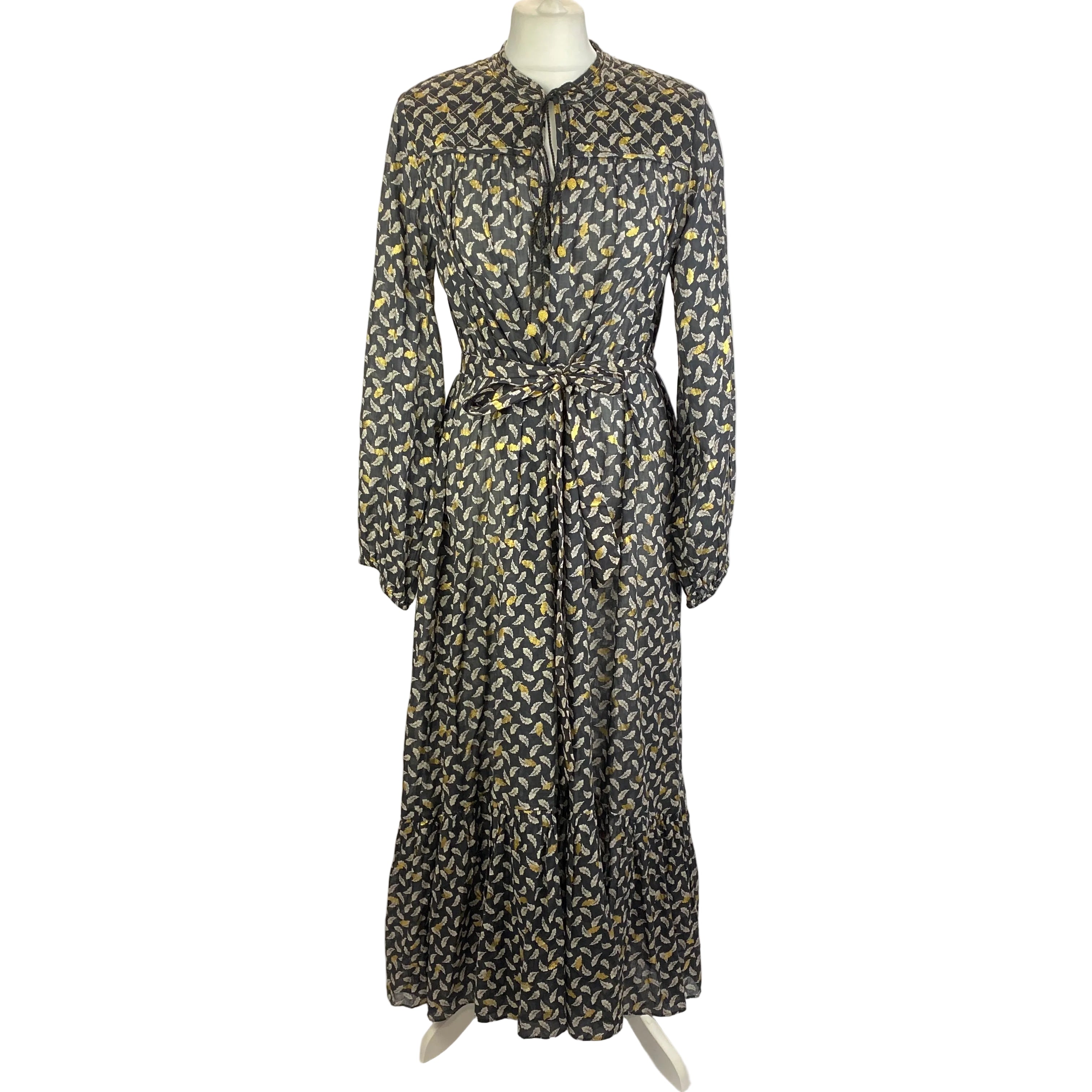 Doen New £330 Black Falling Leaves Cotton Maxi Dress L