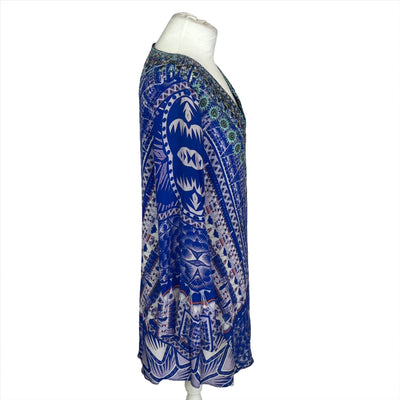 Camilla Cobalt Blue Print Embellished Silk Kaftan Top L