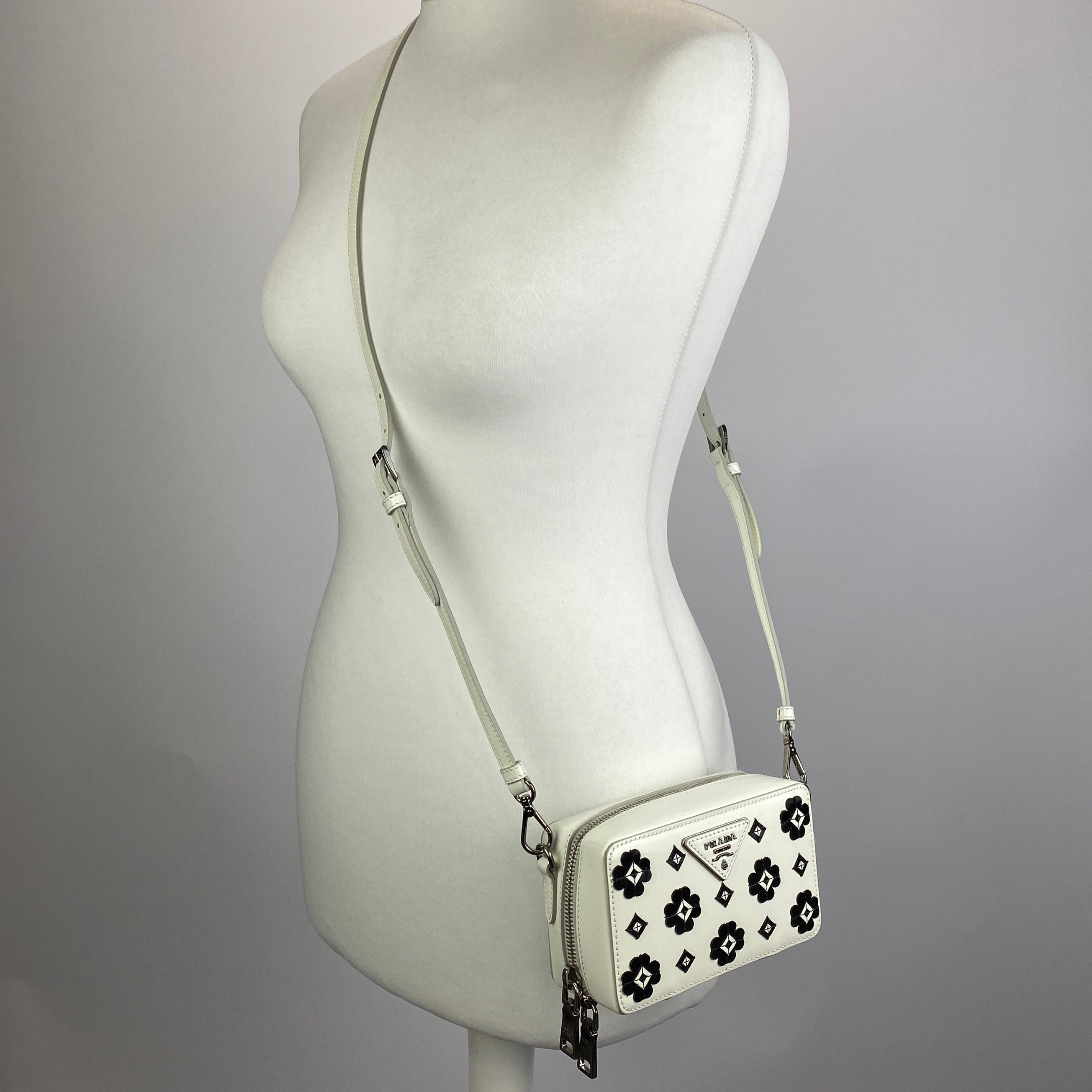 Prada White Appliqué Spazzolato Flowers Camera Bag