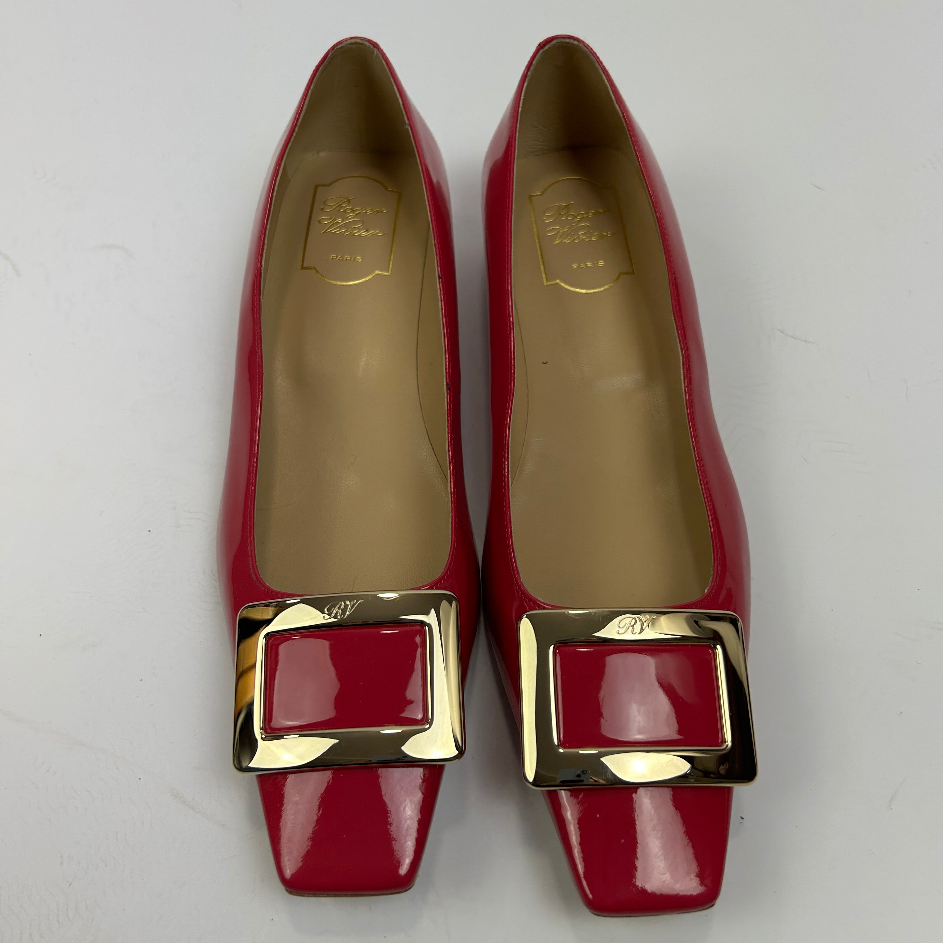 Roger Vivier New £468 Pink Patent Buckle Low Heel Pumps 41