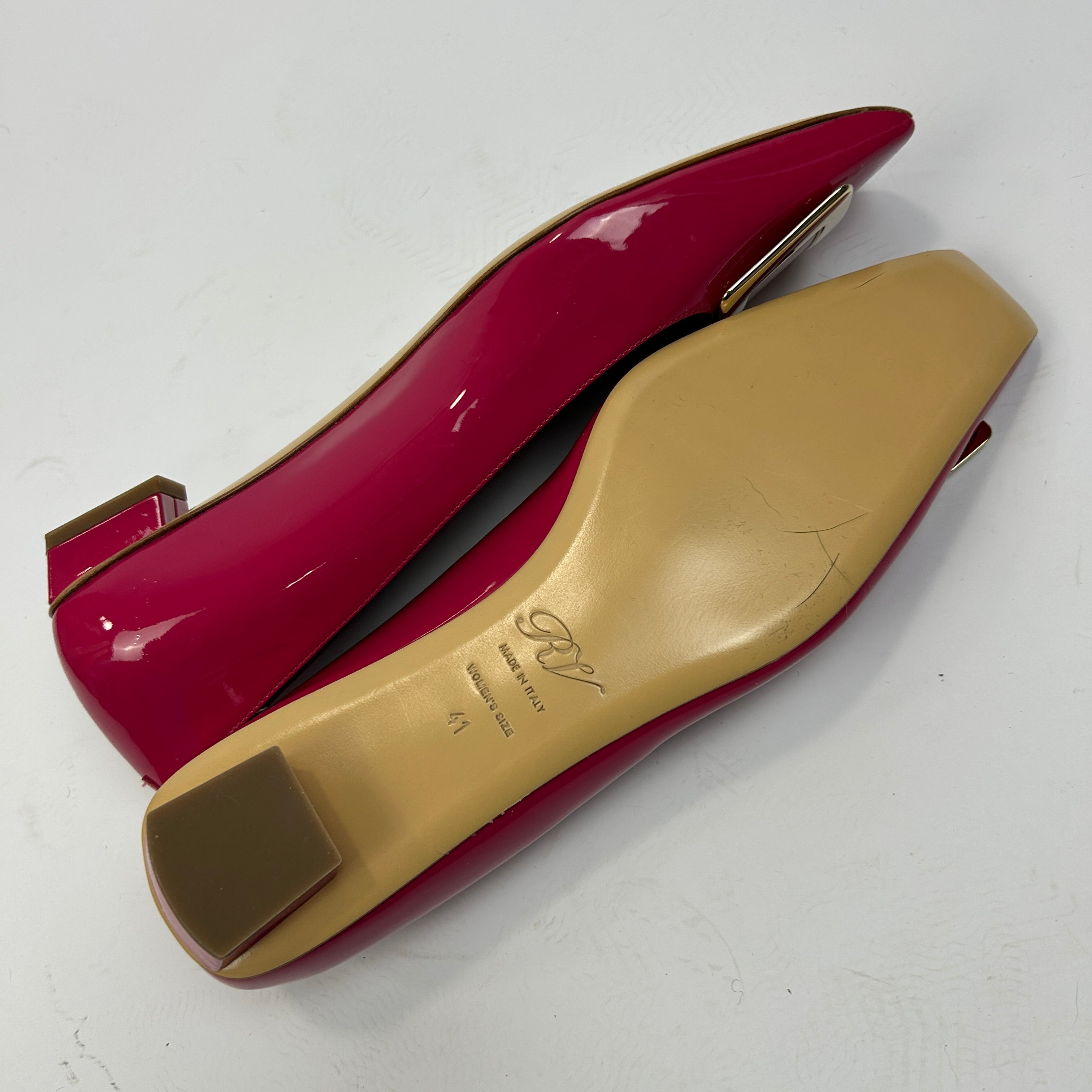 Roger Vivier New £468 Pink Patent Buckle Low Heel Pumps 41