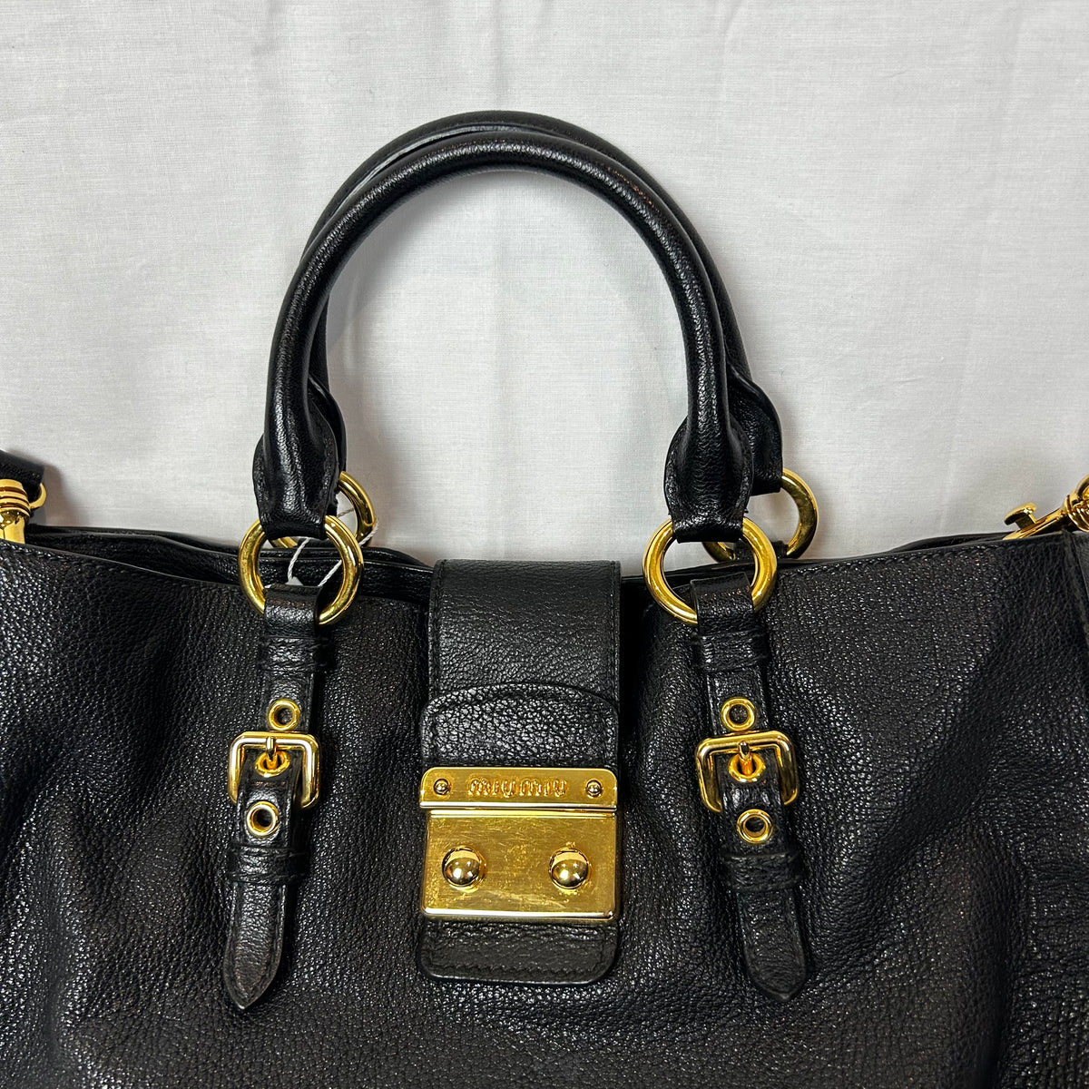 Miu Miu Black Pebbled Goatskin Medium Madras Tote Bag