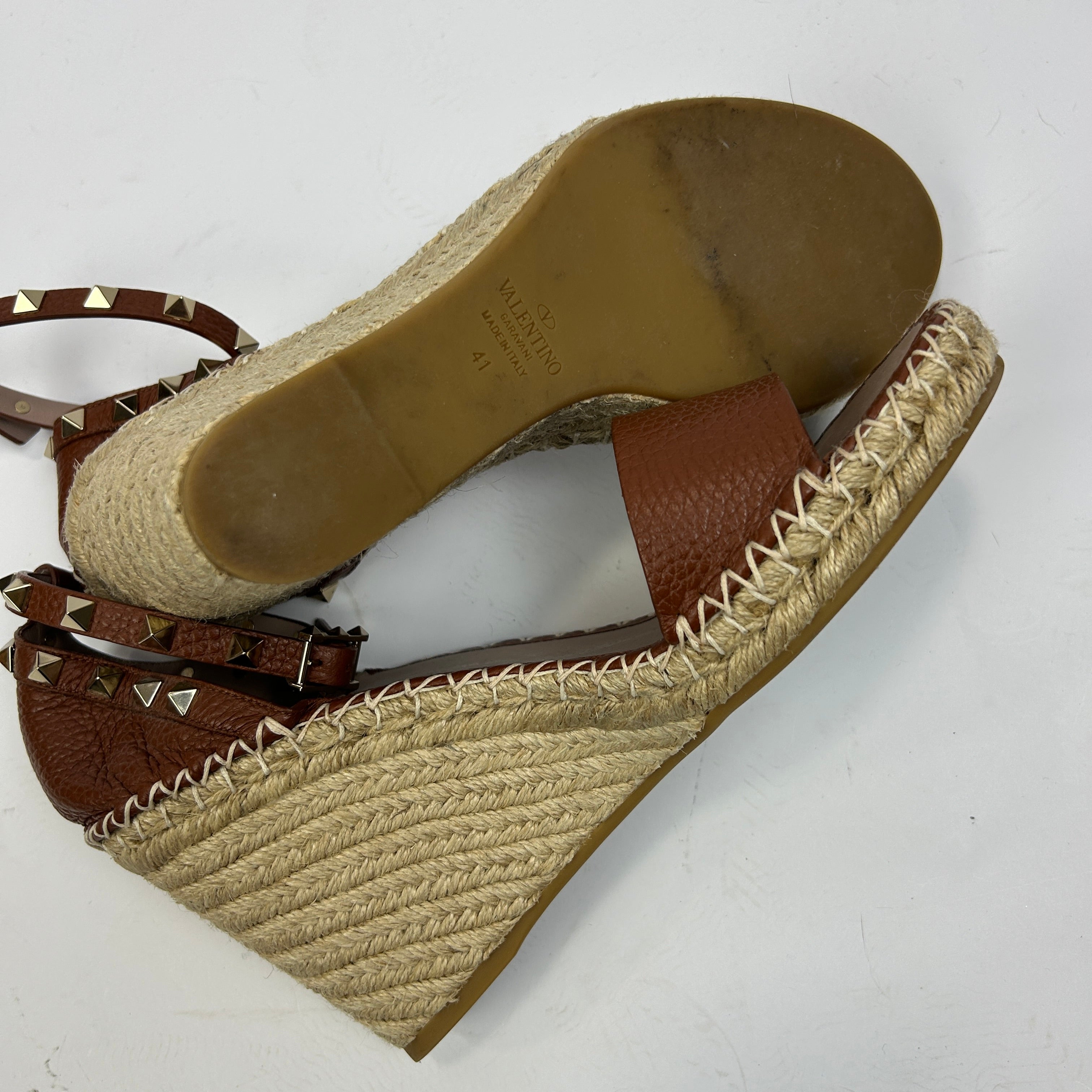 Valentino £681 Tan Rockstud Wedge Sandals 41