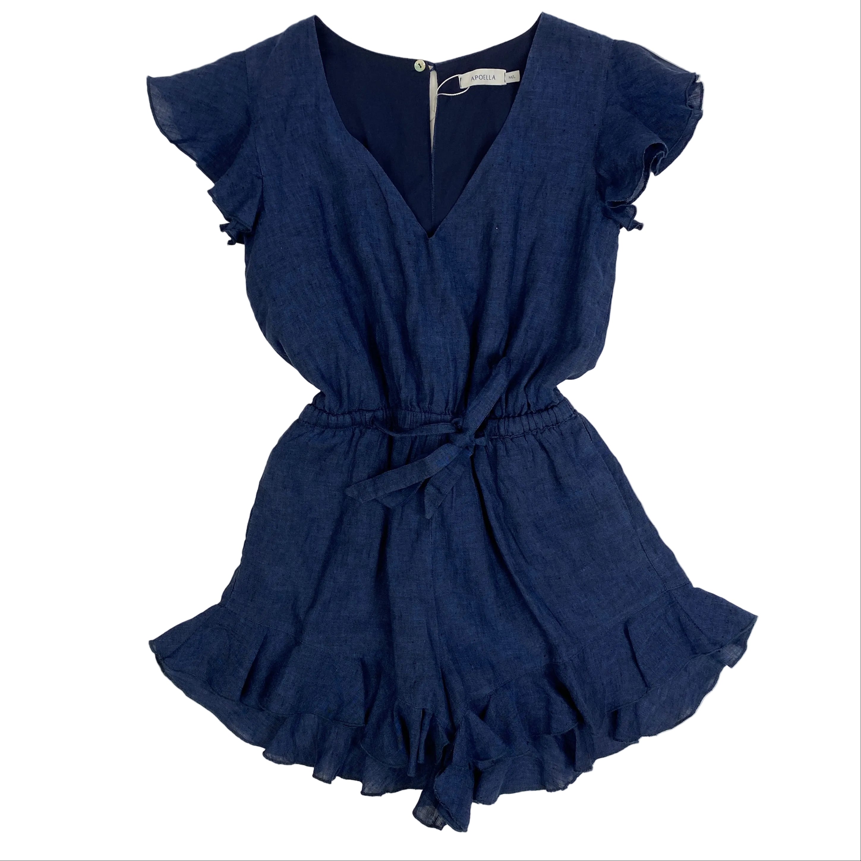 Apoella New £210 Navy Linen Ruffle Playsuit M/L