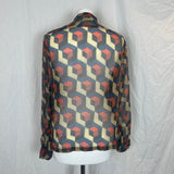 Dries Van Noten Navy & Orange Geometric Print Silk Chiffon Blouse M