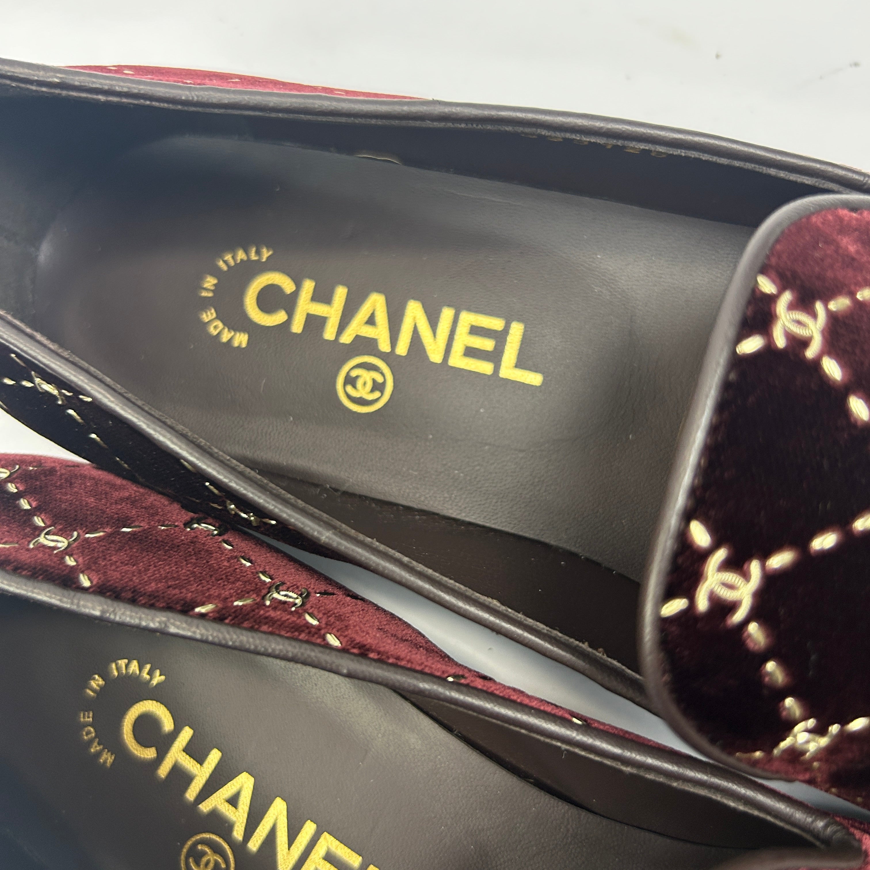Chanel New Burgundy Quilted Velvet Loafers 41.5